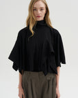 Pre-Order • Creased Acetate Drape Cape Tie Top, Black