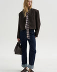 Herringbone Suiting Cropped Blazer, Brown Multi