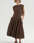 Compact Eco Poplin Pinched Pleat Full Skirt, Sepia Brown