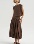 Compact Eco Poplin Pinched Pleat Full Skirt, Sepia Brown