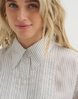 Ultra Light Silk Tencel Striped Pintucked Shirt, White Grey Multi