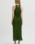Pre-Order • Matte Satin Plisse Midi Bias Dress, Green