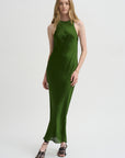 Pre-Order • Matte Satin Plisse Midi Bias Dress, Green