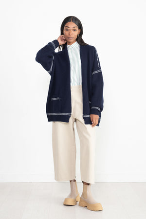 BEGG X CO - Beach Comber Cardigan, Navy and Frost Stripe