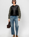Shearling Cropped Aviator, Black & Dark Olive