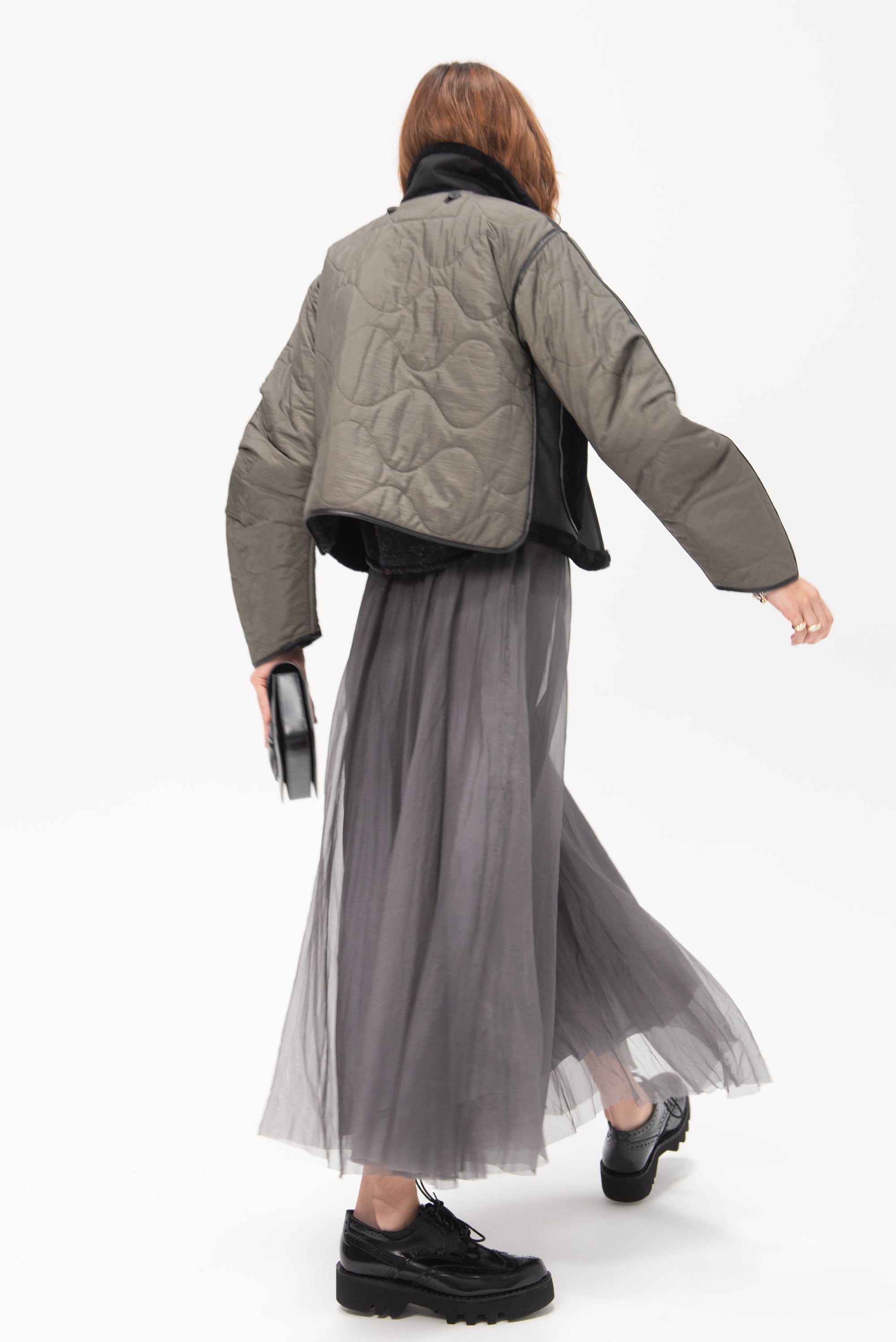 MARFA STANCE - Shearling Cropped Aviator, Black and Dark Olive