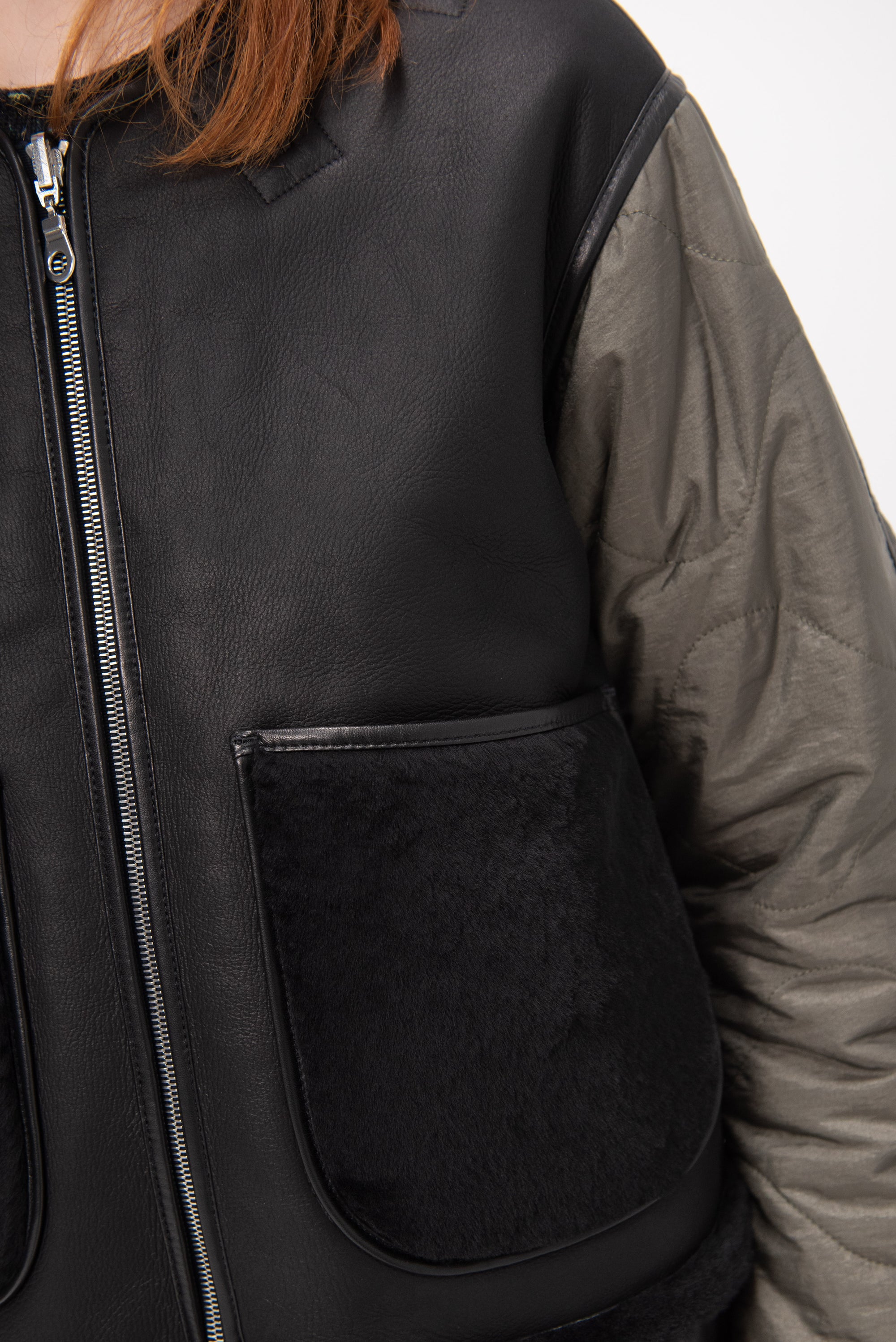 MARFA STANCE - Shearling Cropped Aviator, Black and Dark Olive