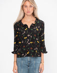 Tulips and Hares Print Envers Satin Top, Black