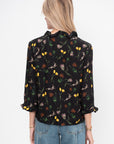 Tulips and Hares Print Envers Satin Top, Black