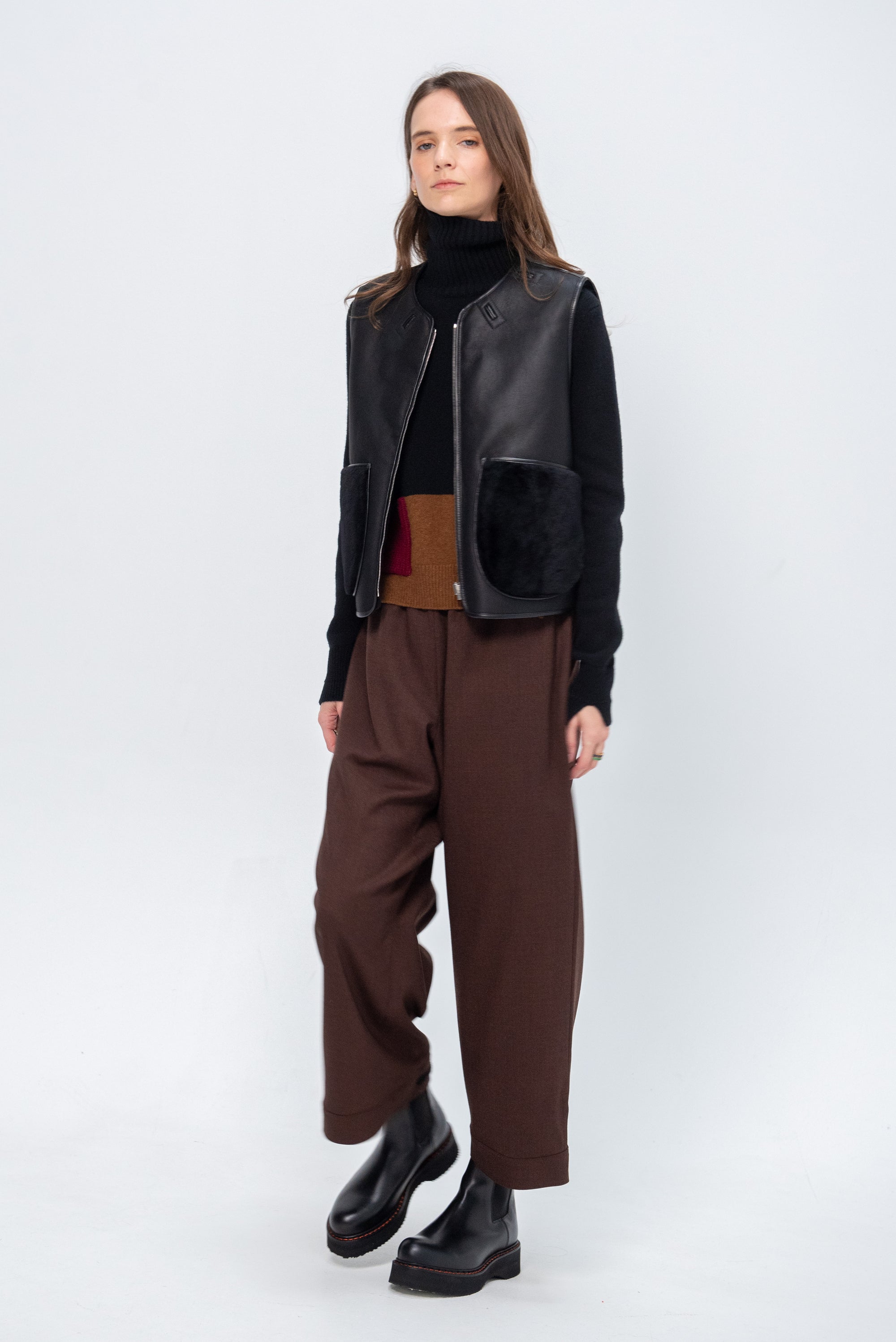 Cropped Aviator Vest, Black & Dark Olive