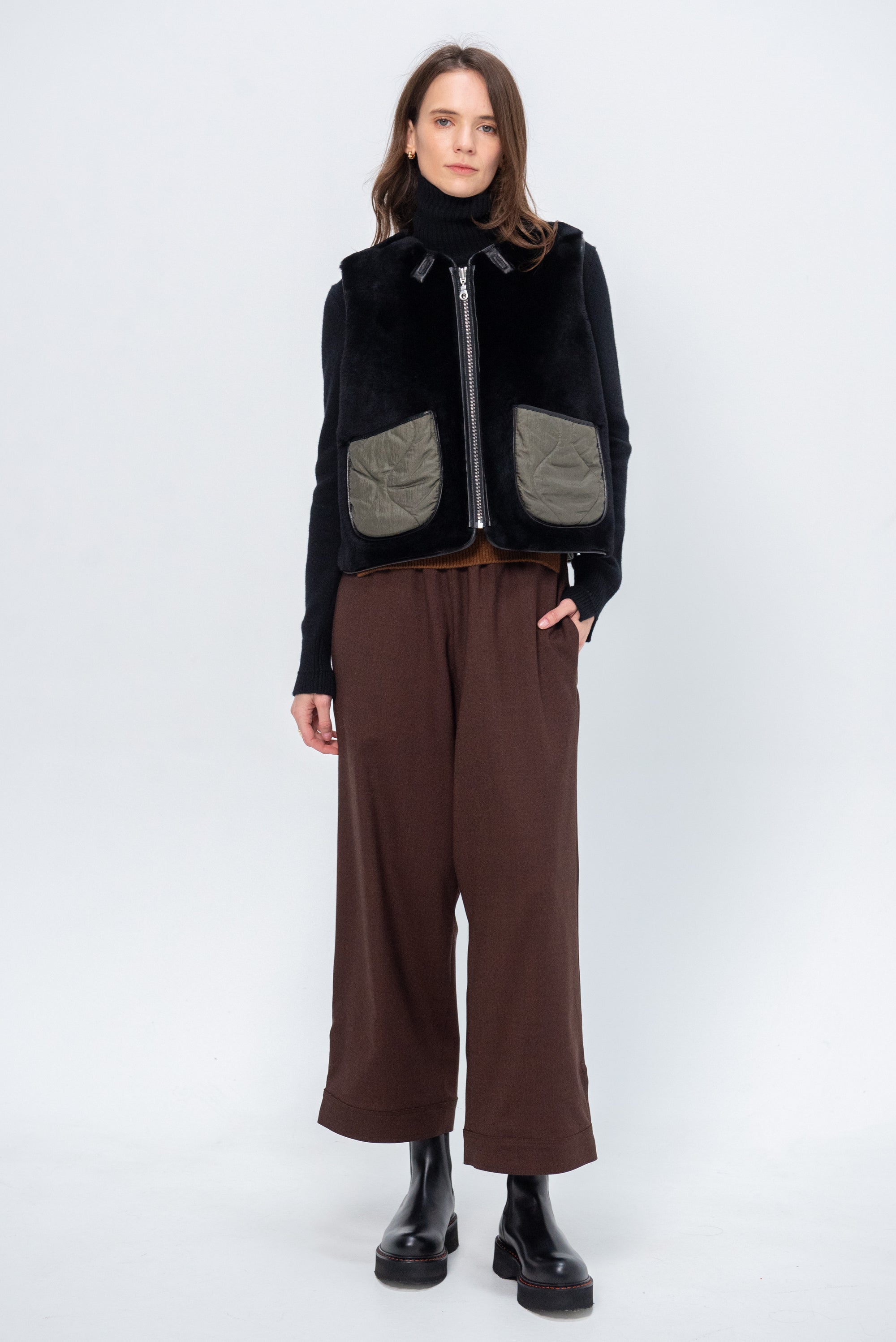 Cropped Aviator Vest, Black & Dark Olive