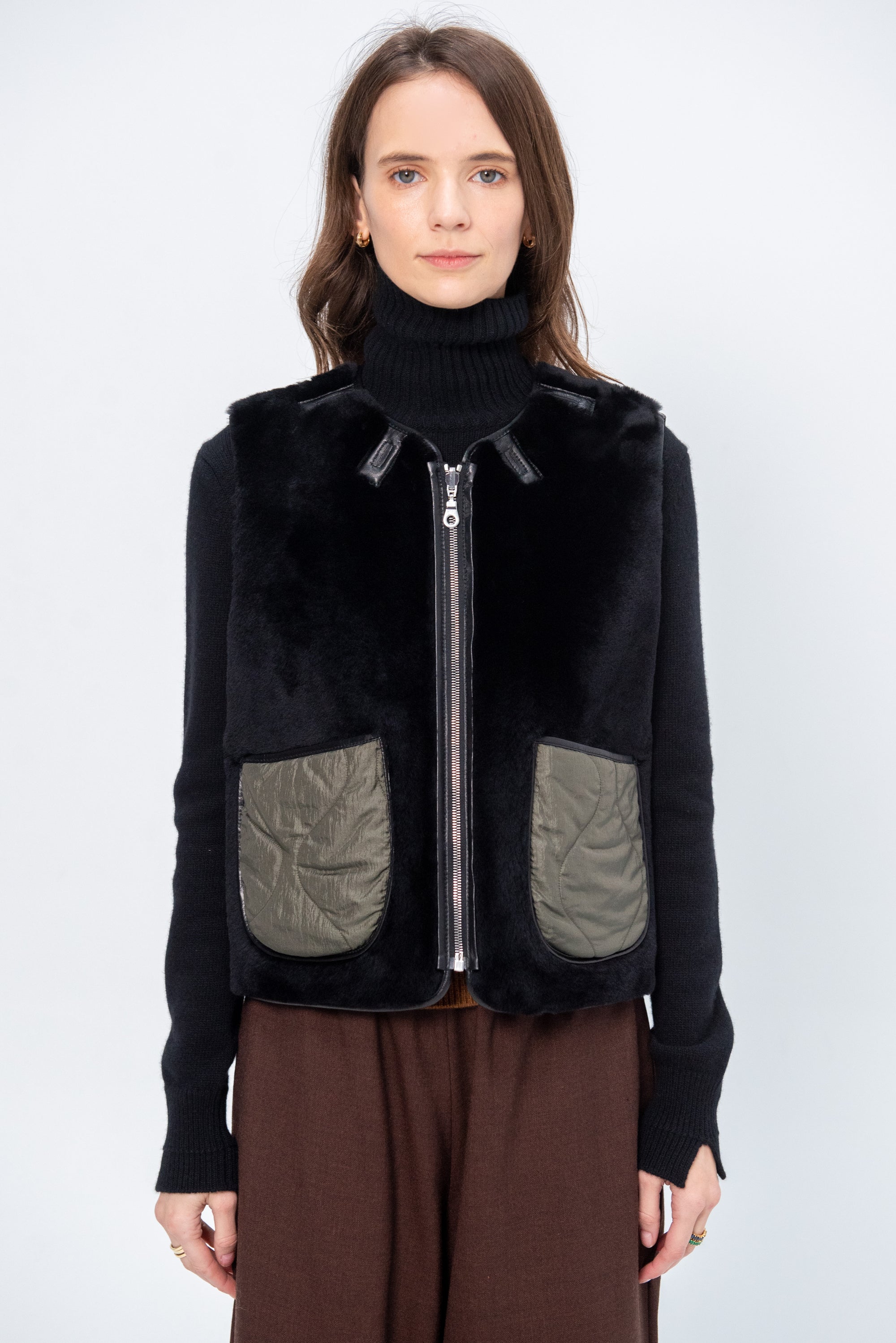 Cropped Aviator Vest, Black & Dark Olive