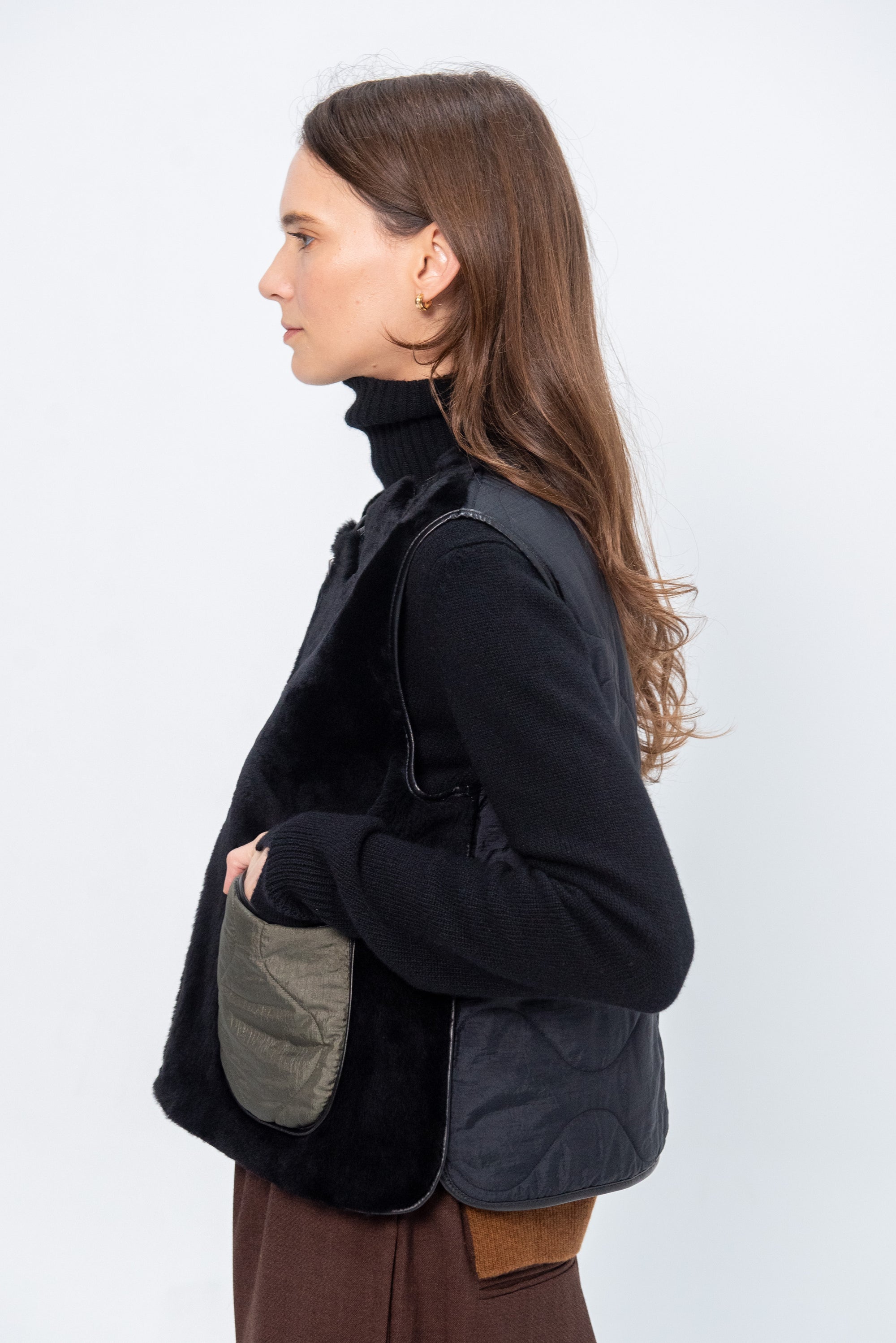 Cropped Aviator Vest, Black & Dark Olive