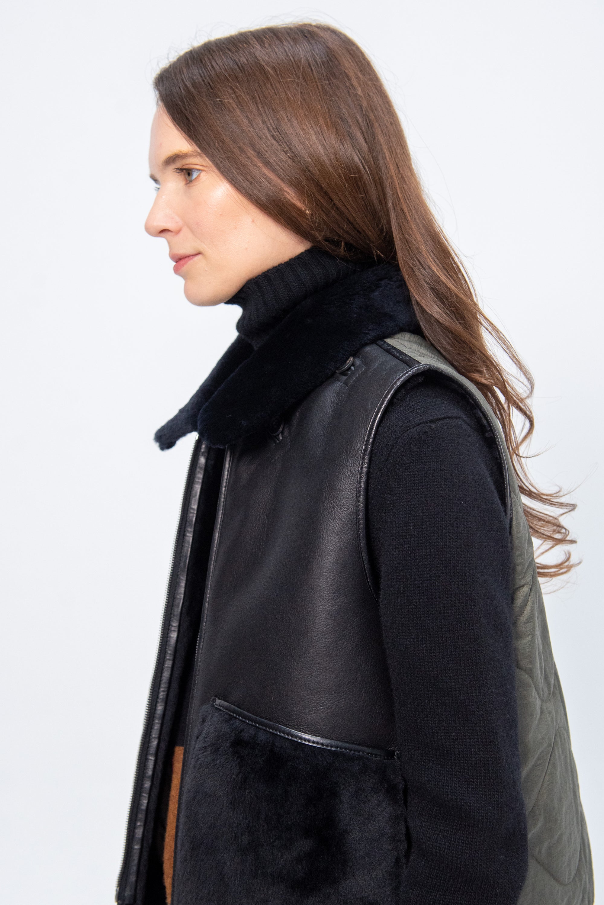 Cropped Aviator Vest, Black & Dark Olive