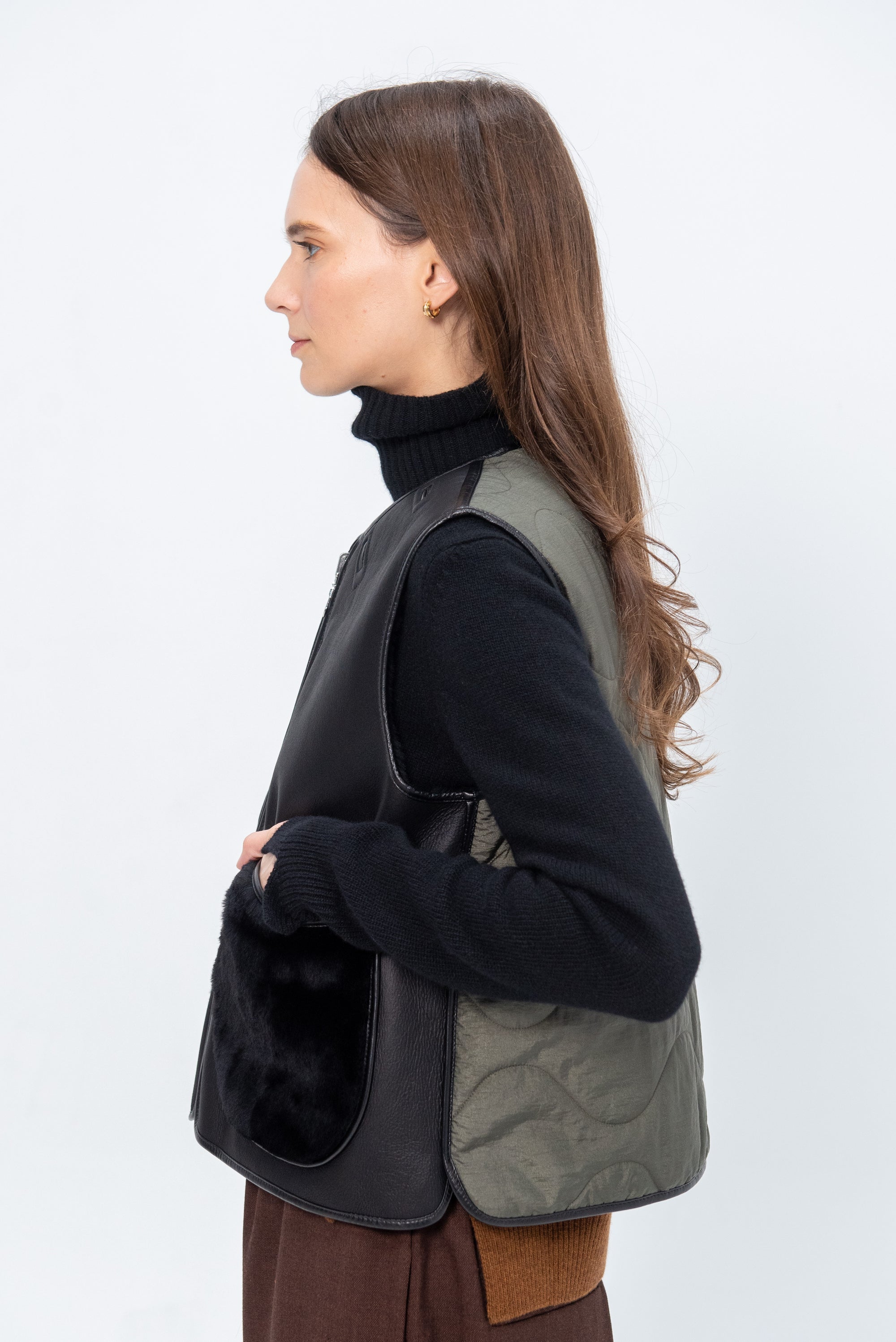 Cropped Aviator Vest, Black & Dark Olive