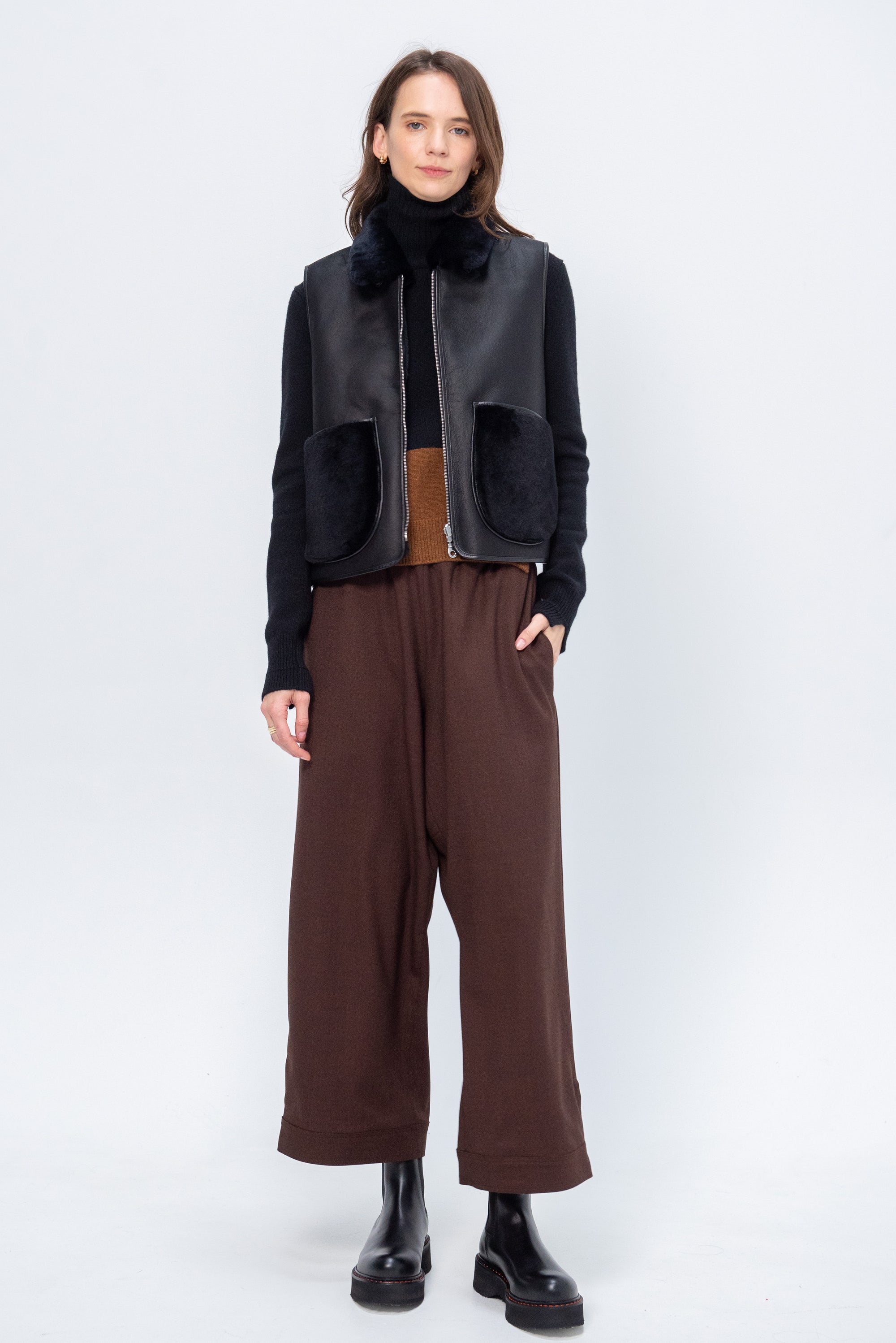 Cropped Aviator Vest, Black & Dark Olive