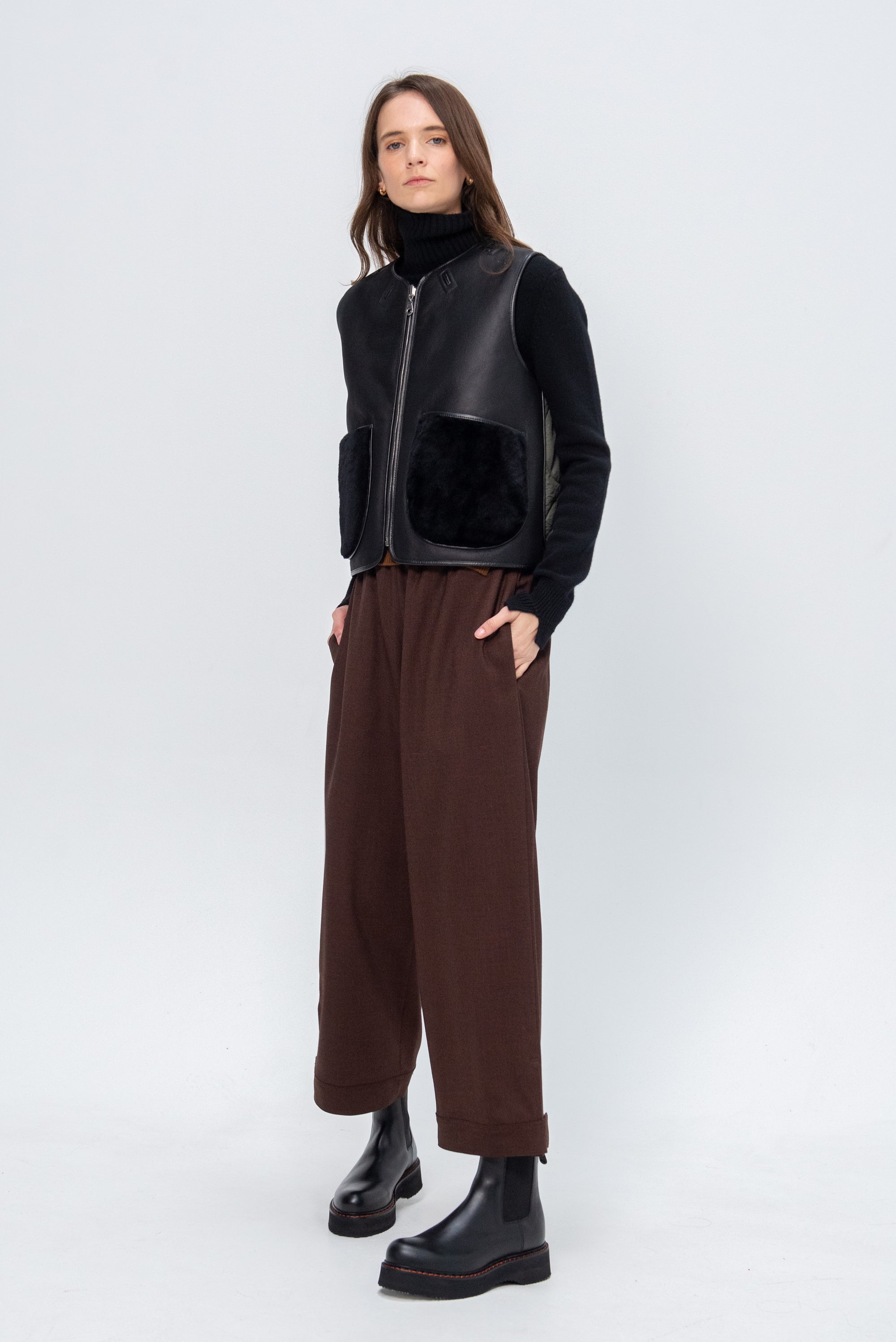 Cropped Aviator Vest, Black & Dark Olive