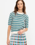 Divin2 - Fine Knit Top With Colorful Stripes, Natural-Green-Blue