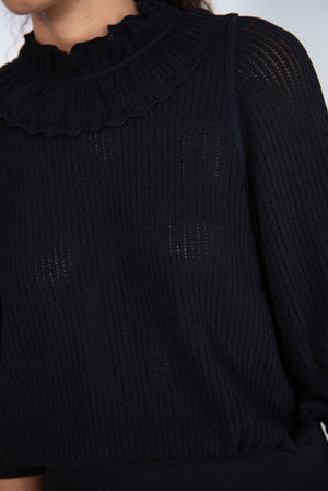 MOLLI - Aristote Open Stitch Knit Top with Ruffle, Black