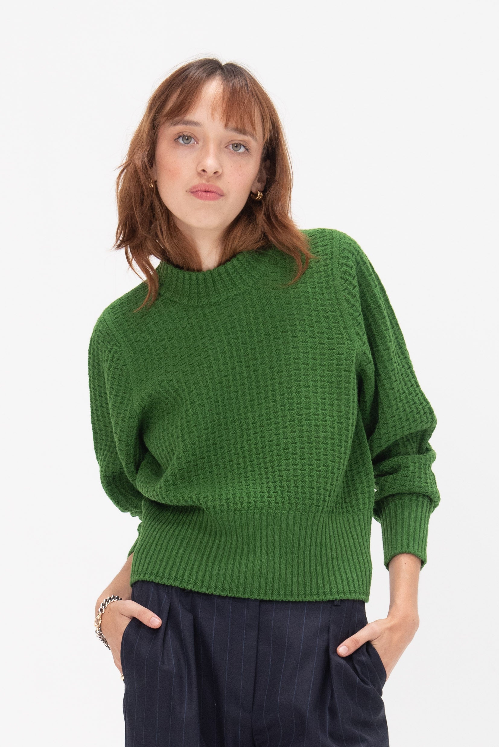 Green waffle knit sweater sales