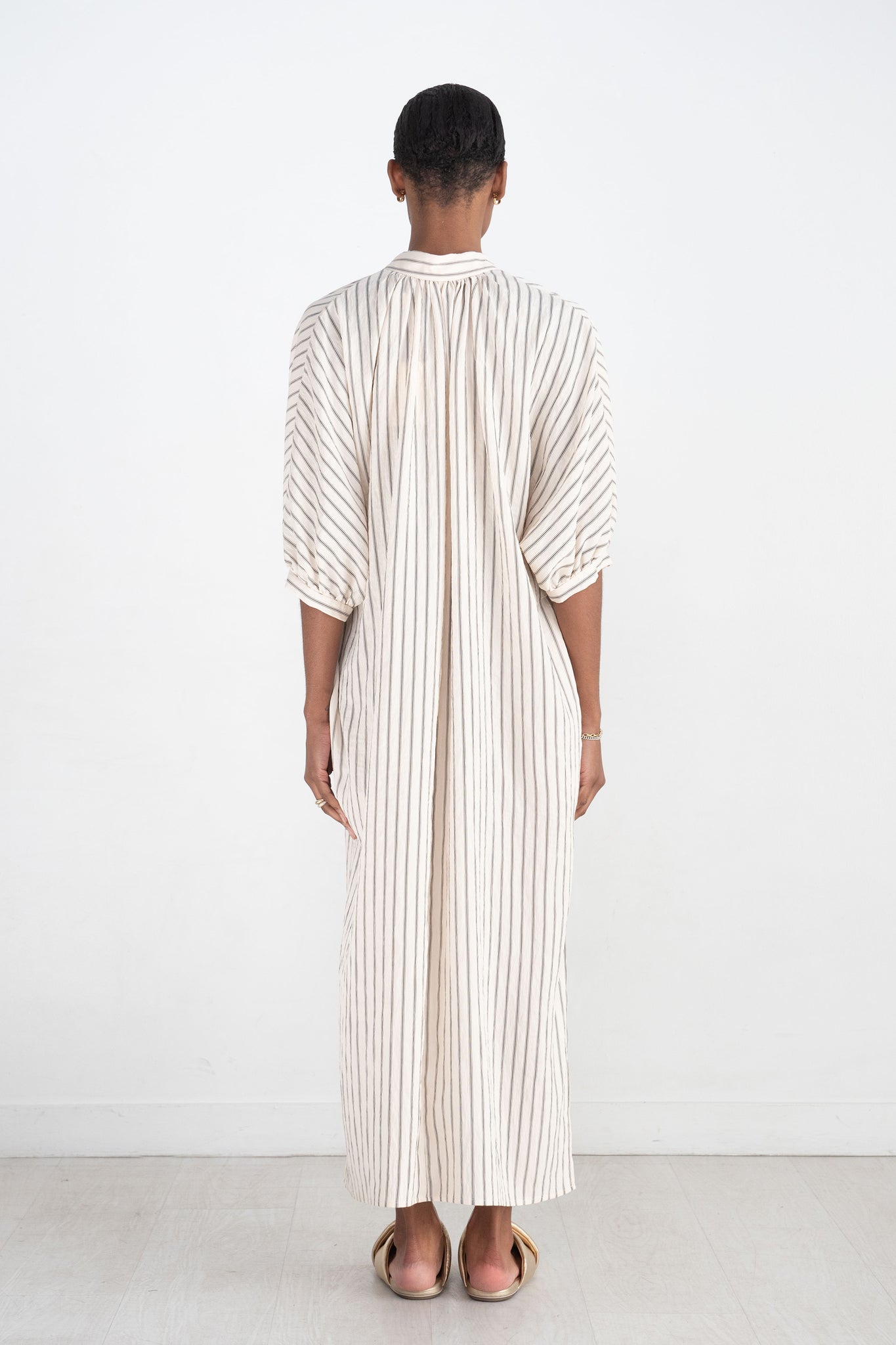 Stripe Shirred Dress, Light Beige
