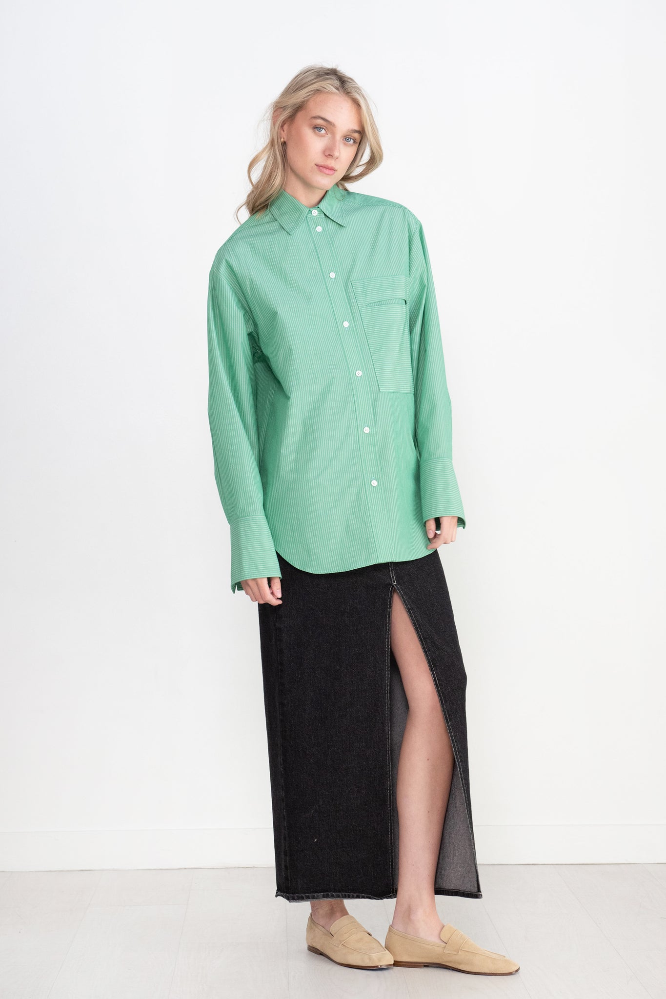 Nomia - Washed Cotton Stripe Oversize Pocket Shirt, Clover