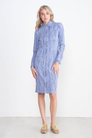 Nomia - Crinkle Plaid Fitted Shirtdress, Cobalt & White