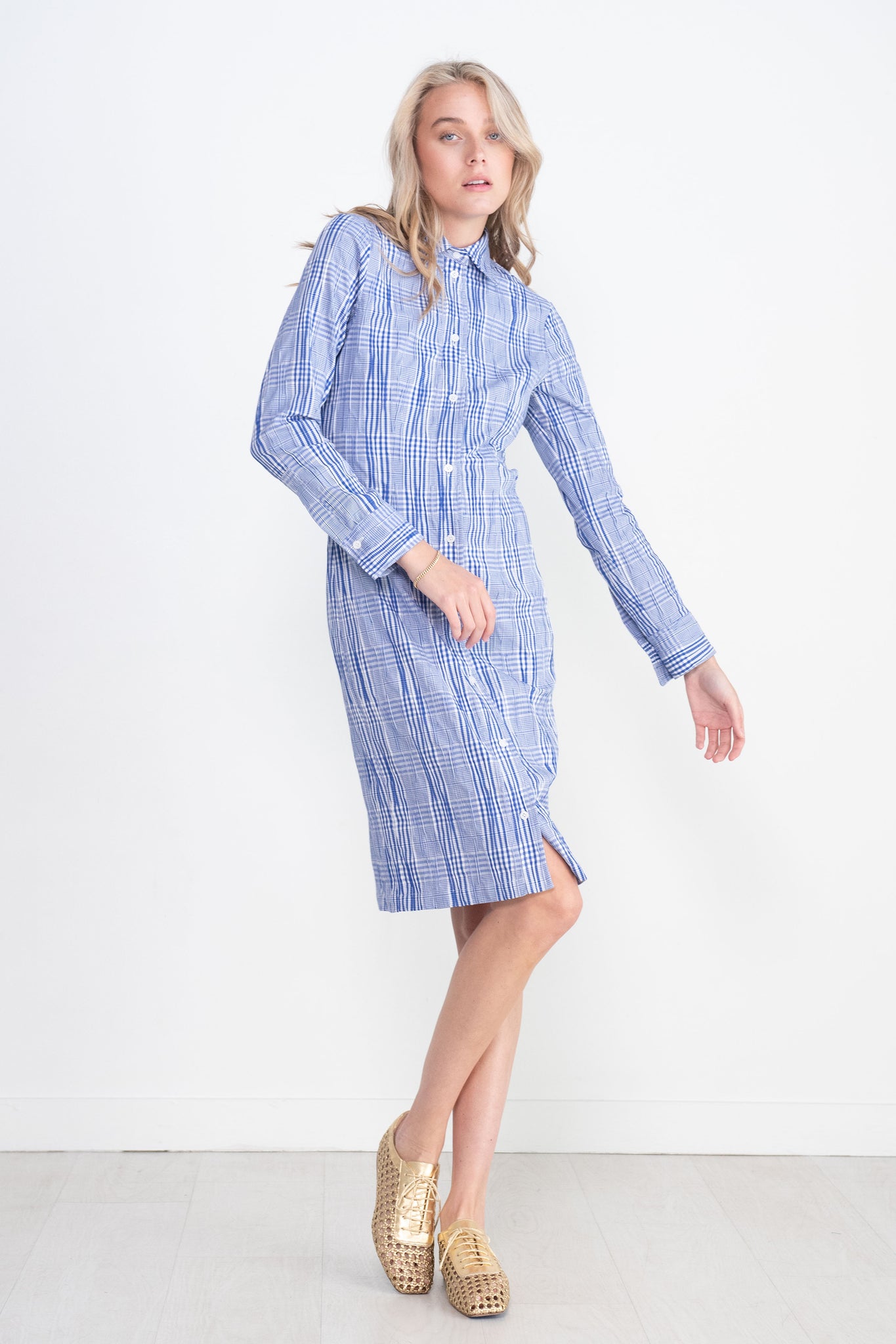 Nomia - Crinkle Plaid Fitted Shirtdress, Cobalt & White