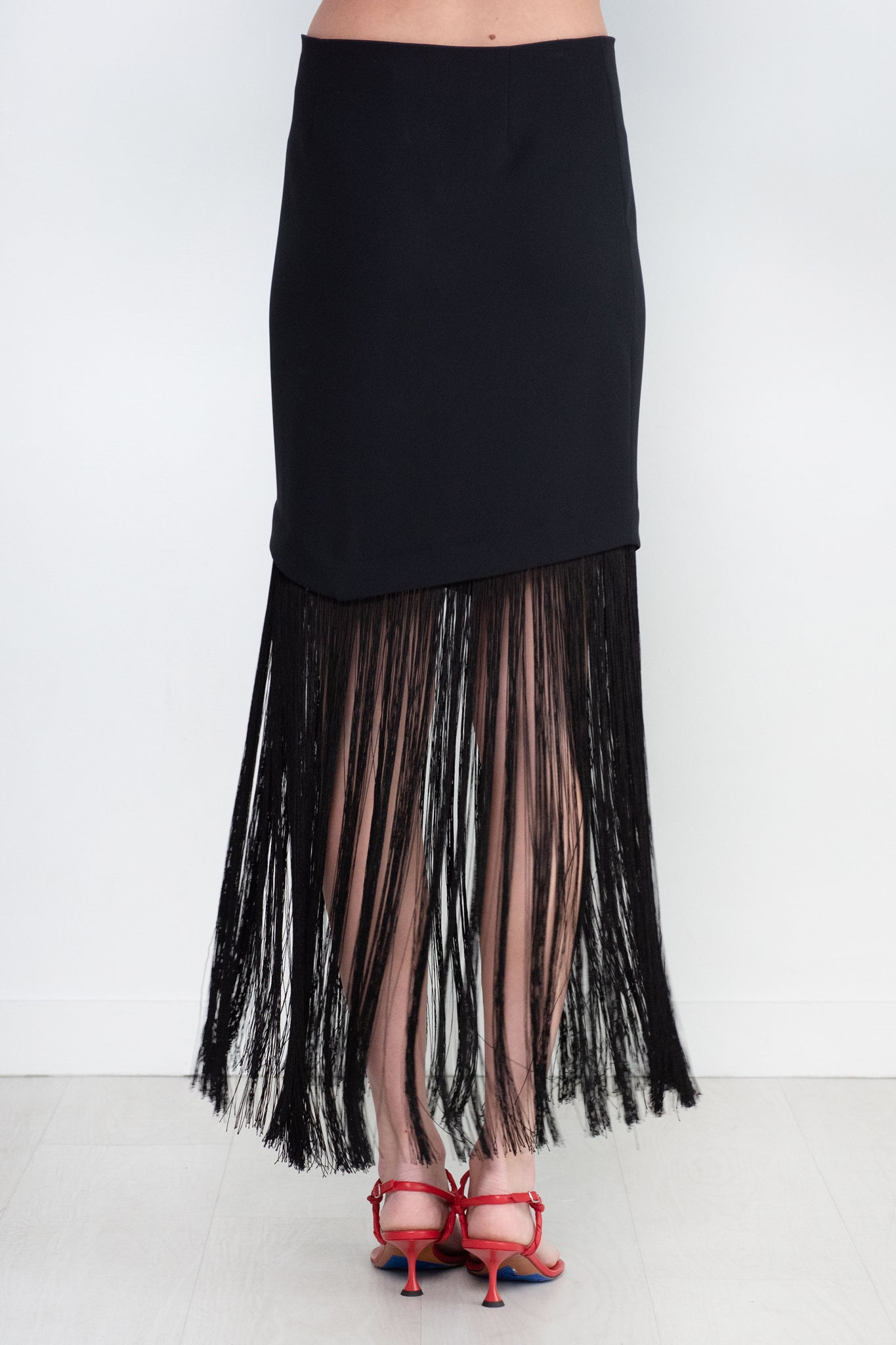Nomia - Structured Crepe Asymmetric Fringe Skirt, Black