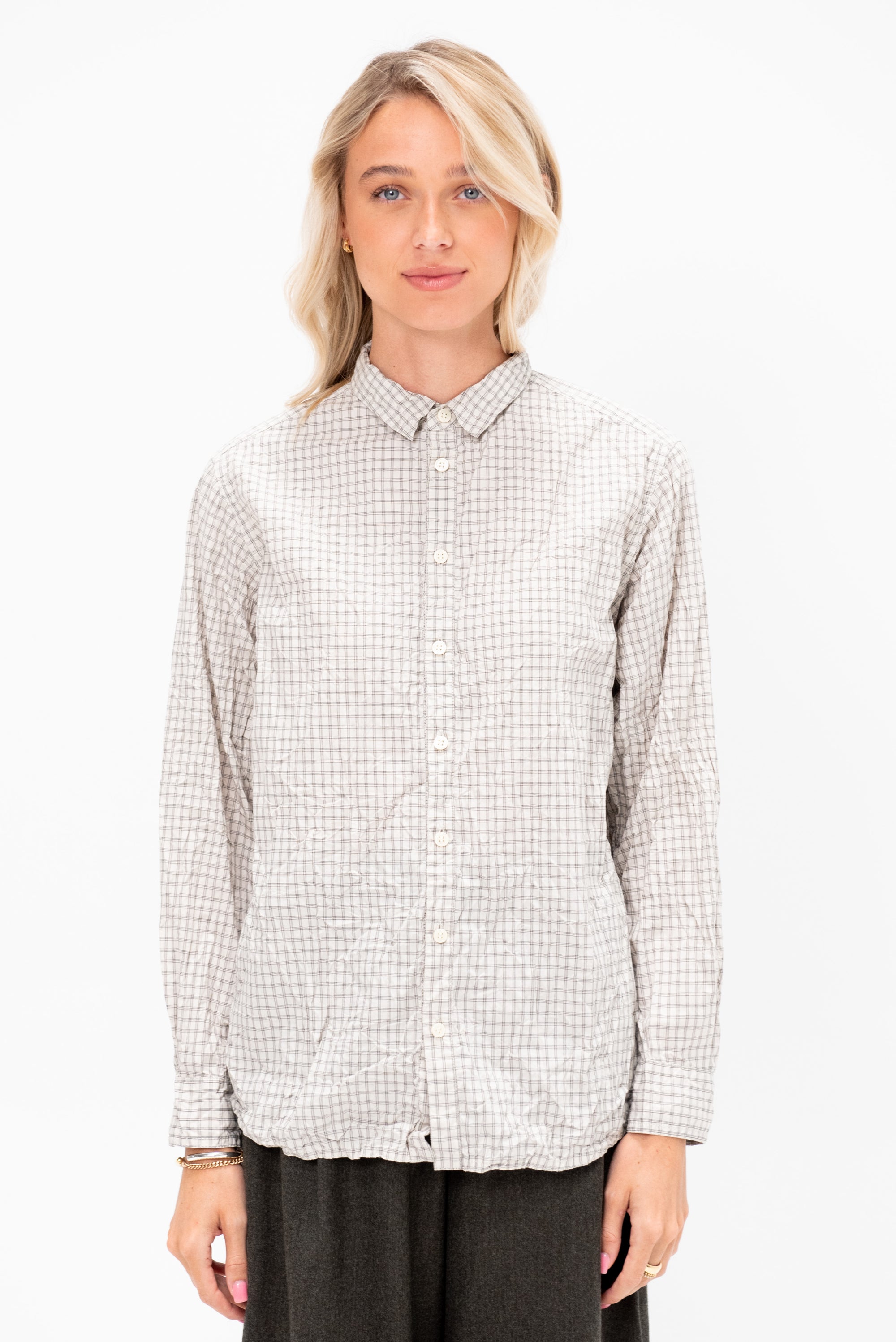 Washed Organic Cotton Mini Checkered Shirt, Off White