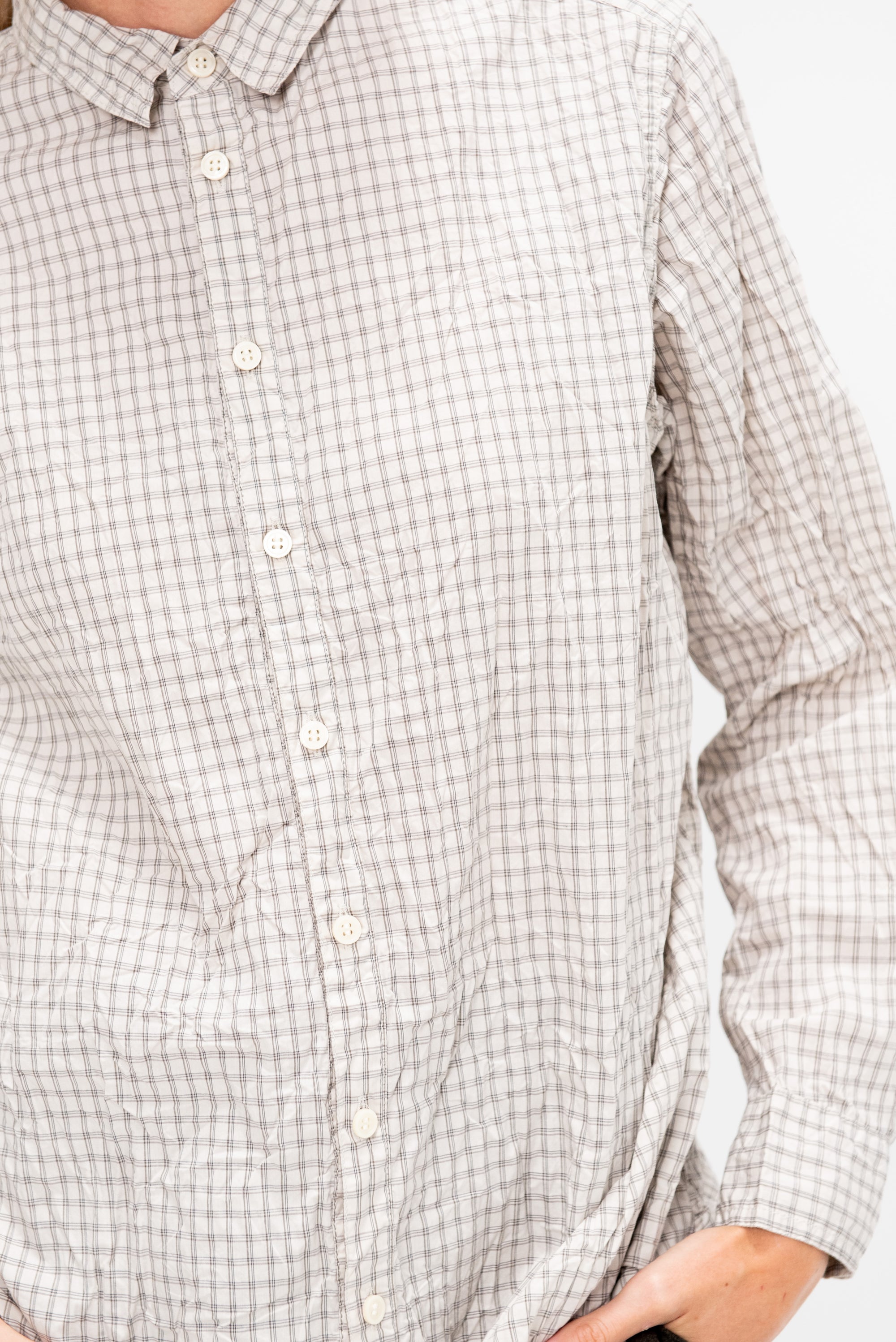 Washed Organic Cotton Mini Checkered Shirt, Off White