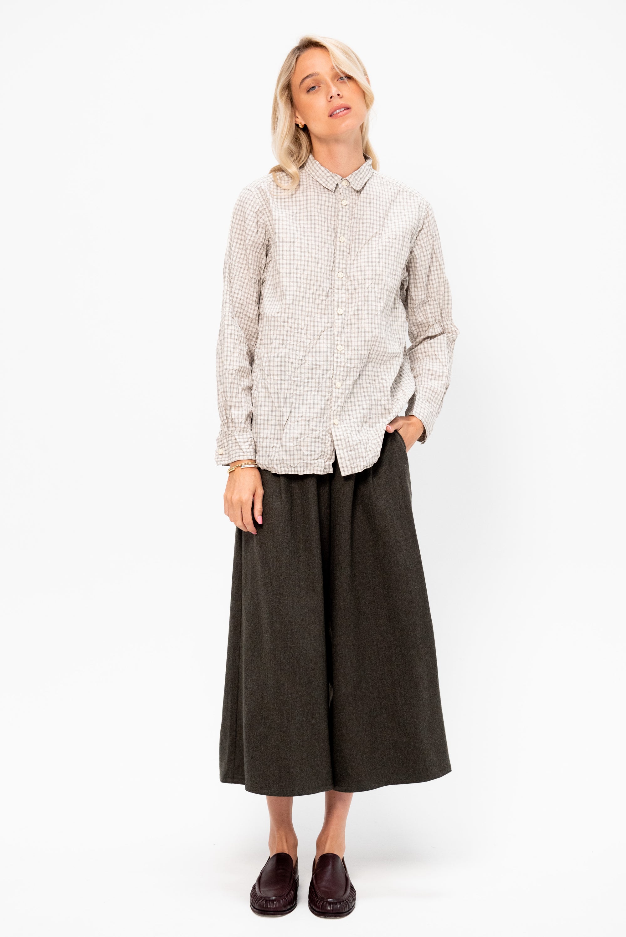 Washed Organic Cotton Mini Checkered Shirt, Off White