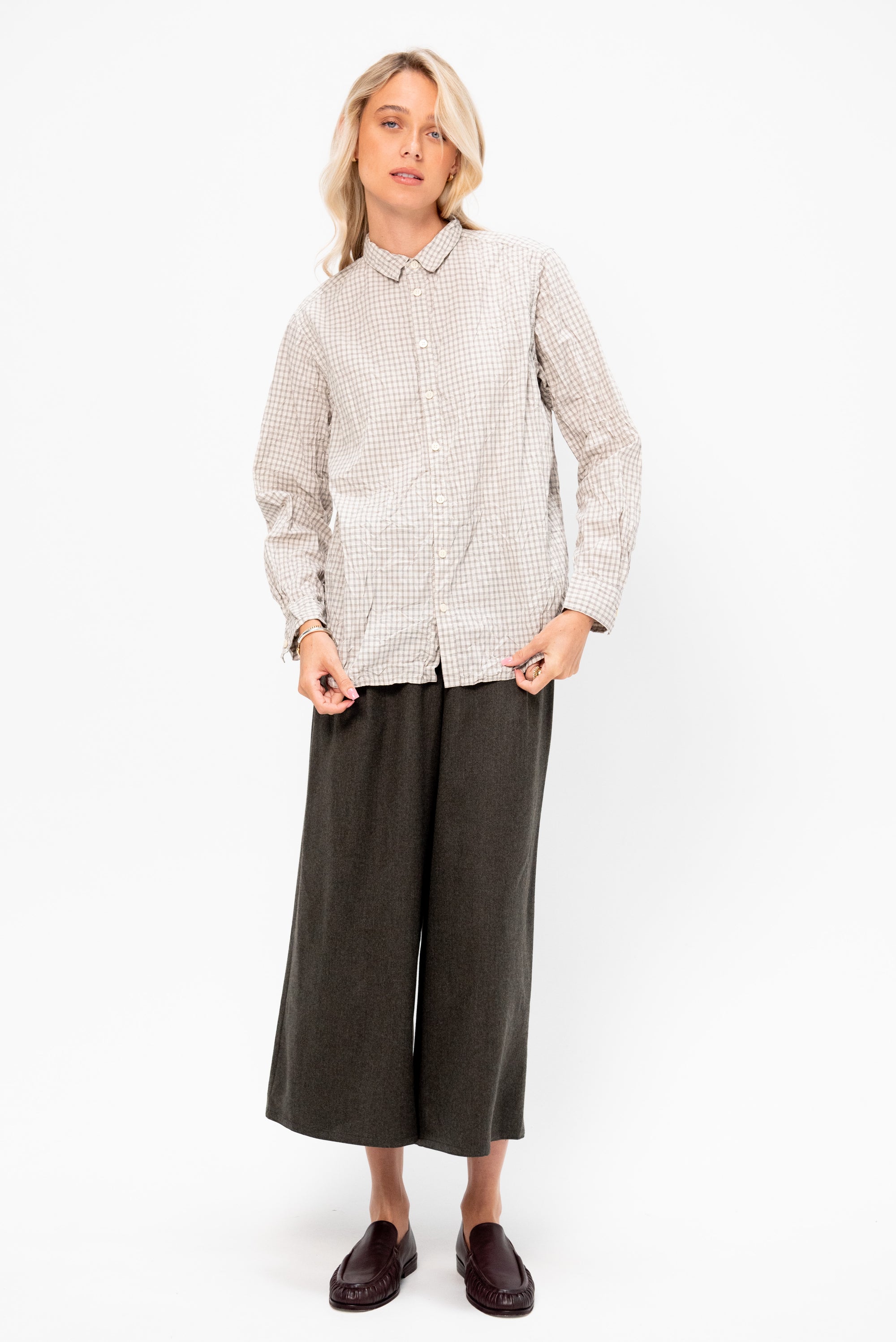 Washed Organic Cotton Mini Checkered Shirt, Off White