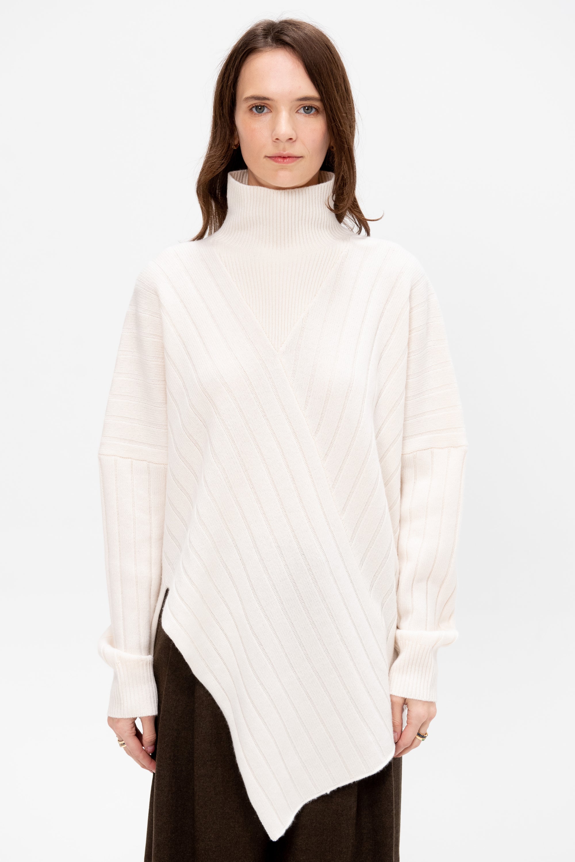 Rib Paneled Turtleneck Sweater, Ivory