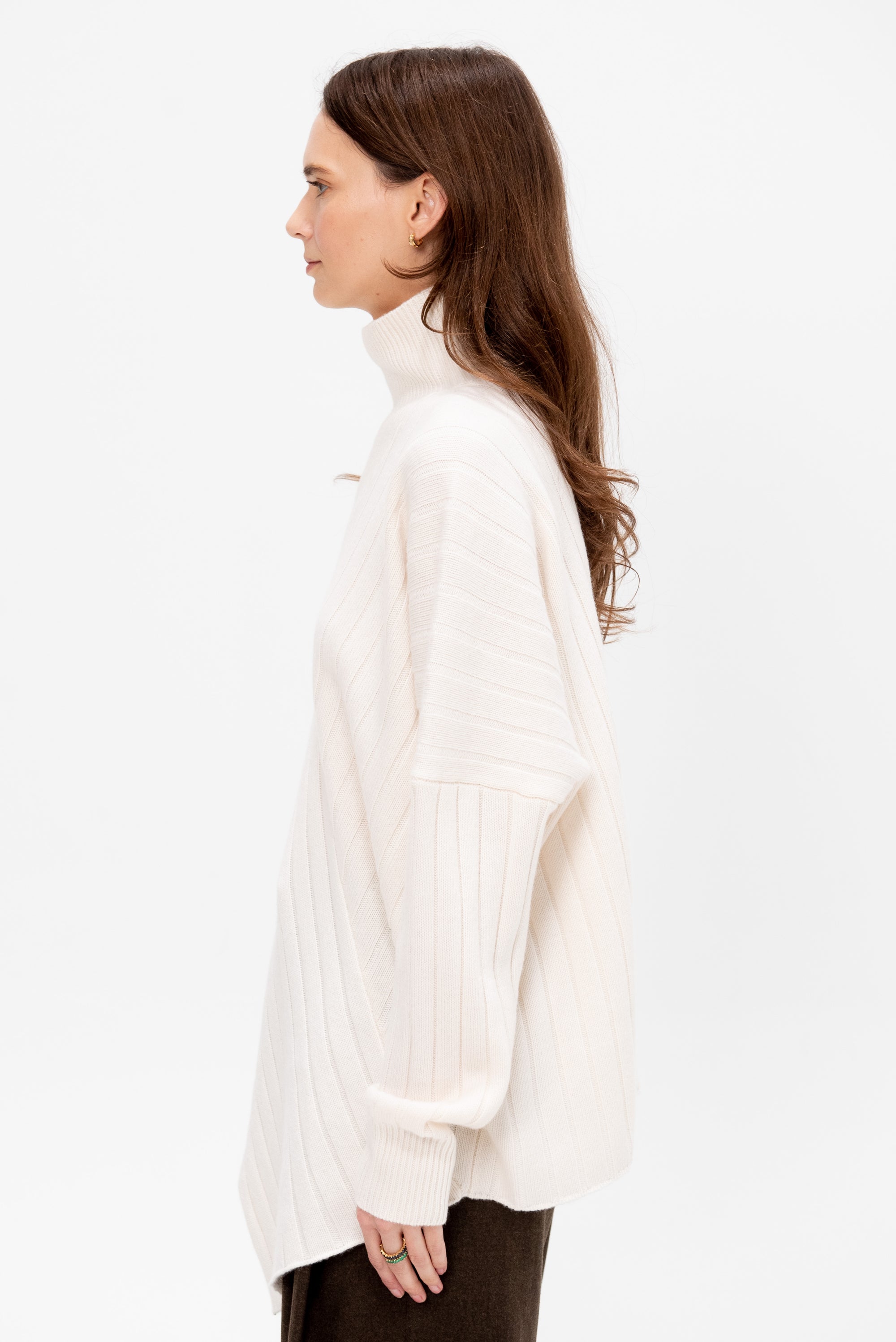 Rib Paneled Turtleneck Sweater, Ivory