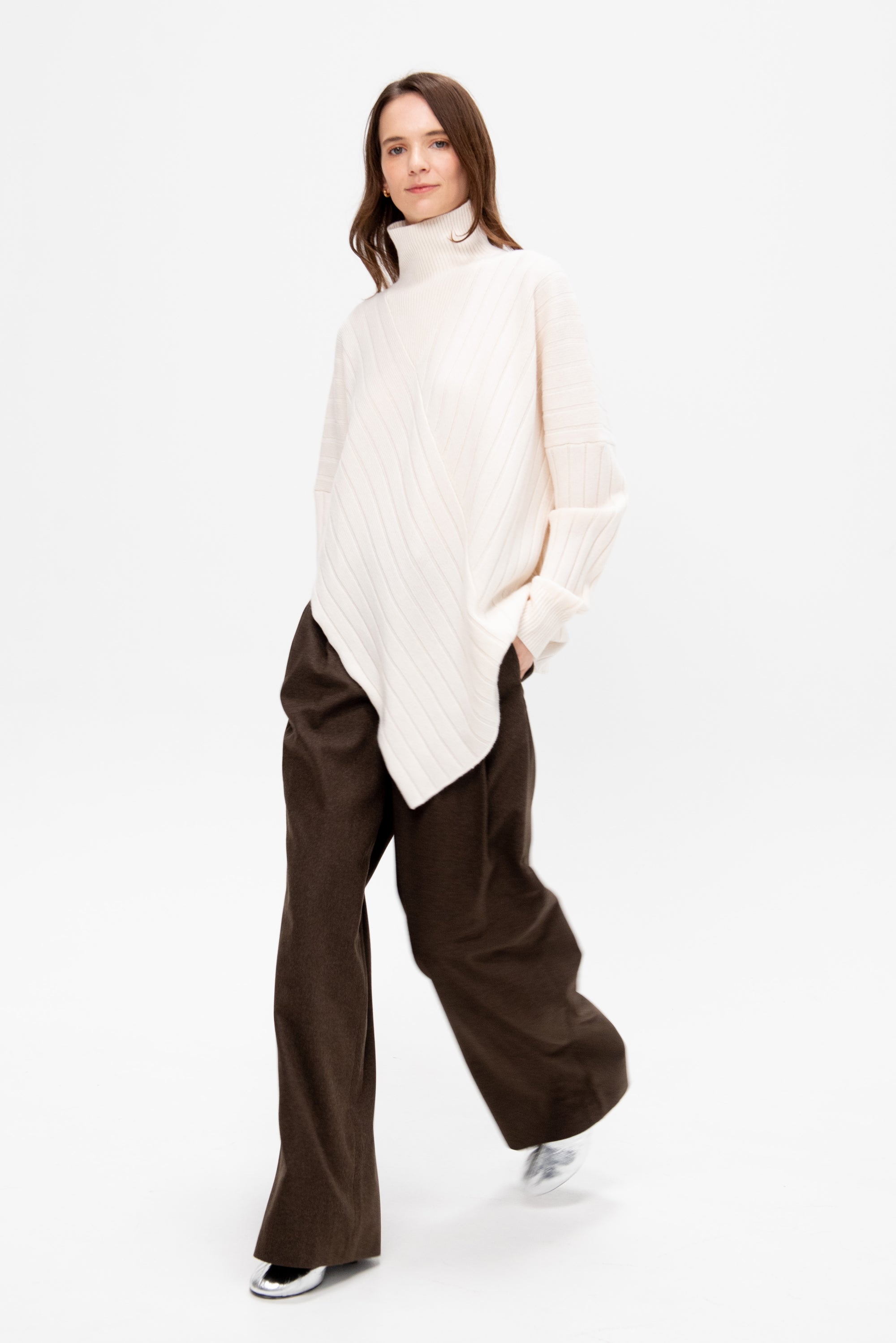 Rib Paneled Turtleneck Sweater, Ivory