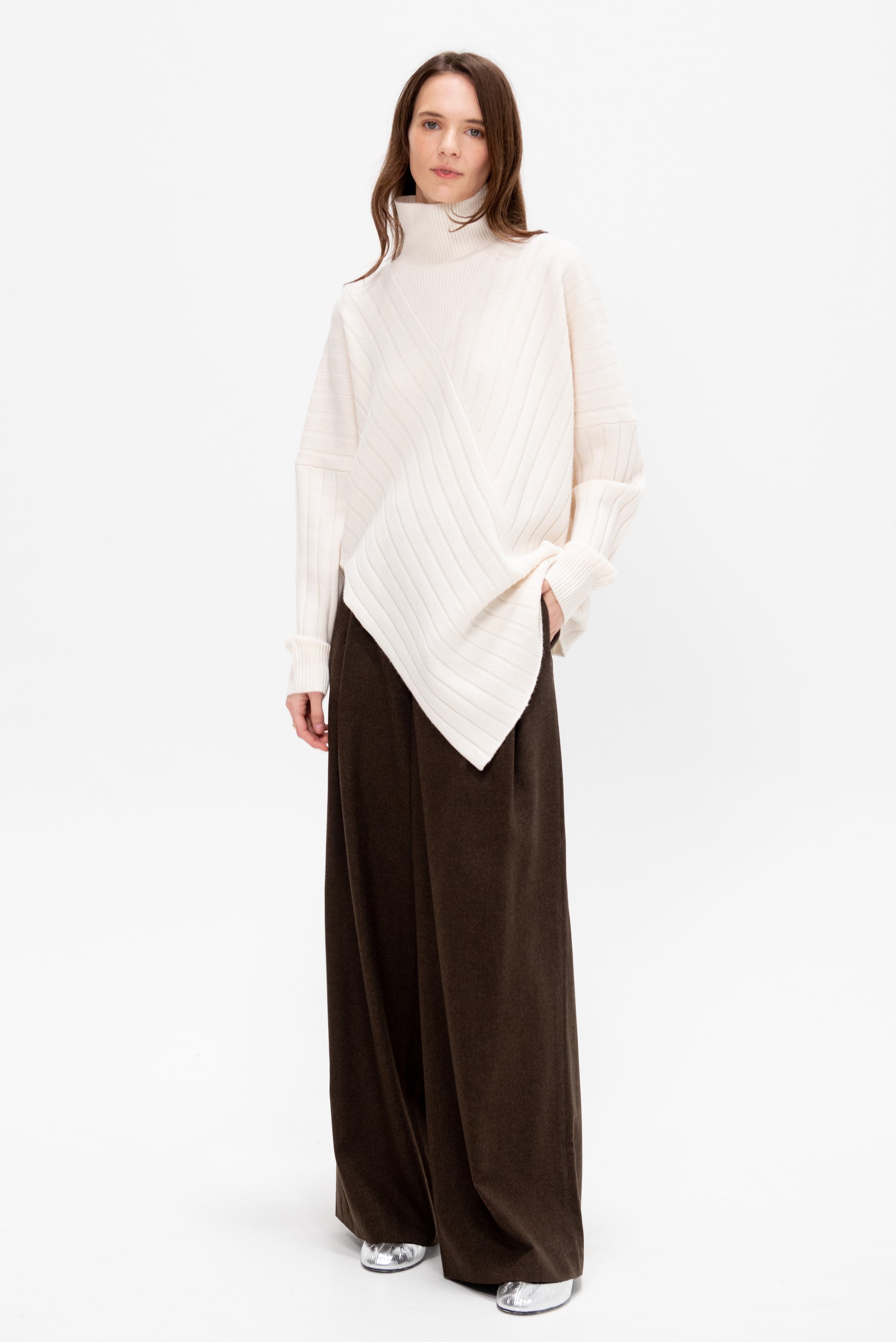 Rib Paneled Turtleneck Sweater, Ivory