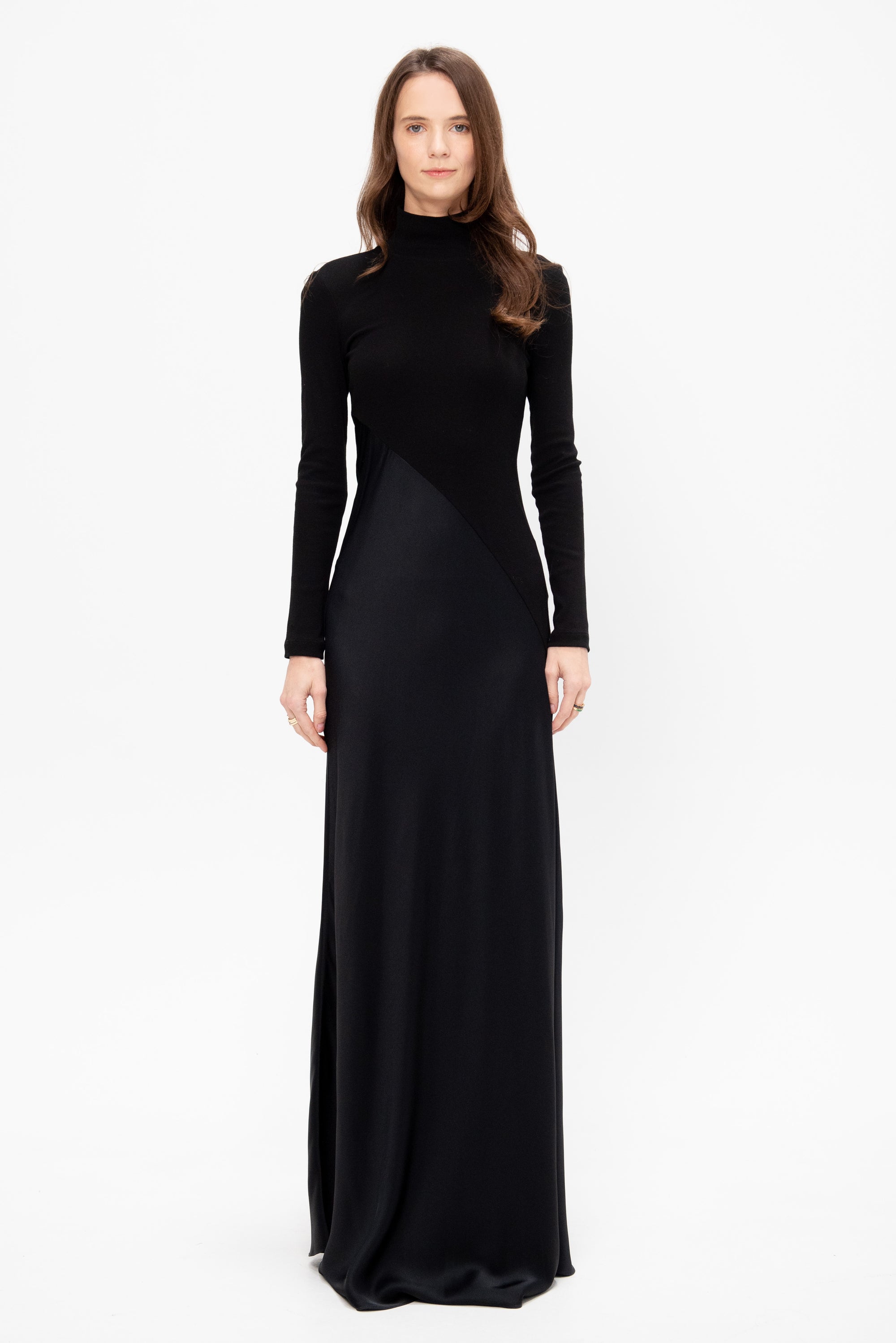 Bias Turtleneck Combo Maxi Dress, Black