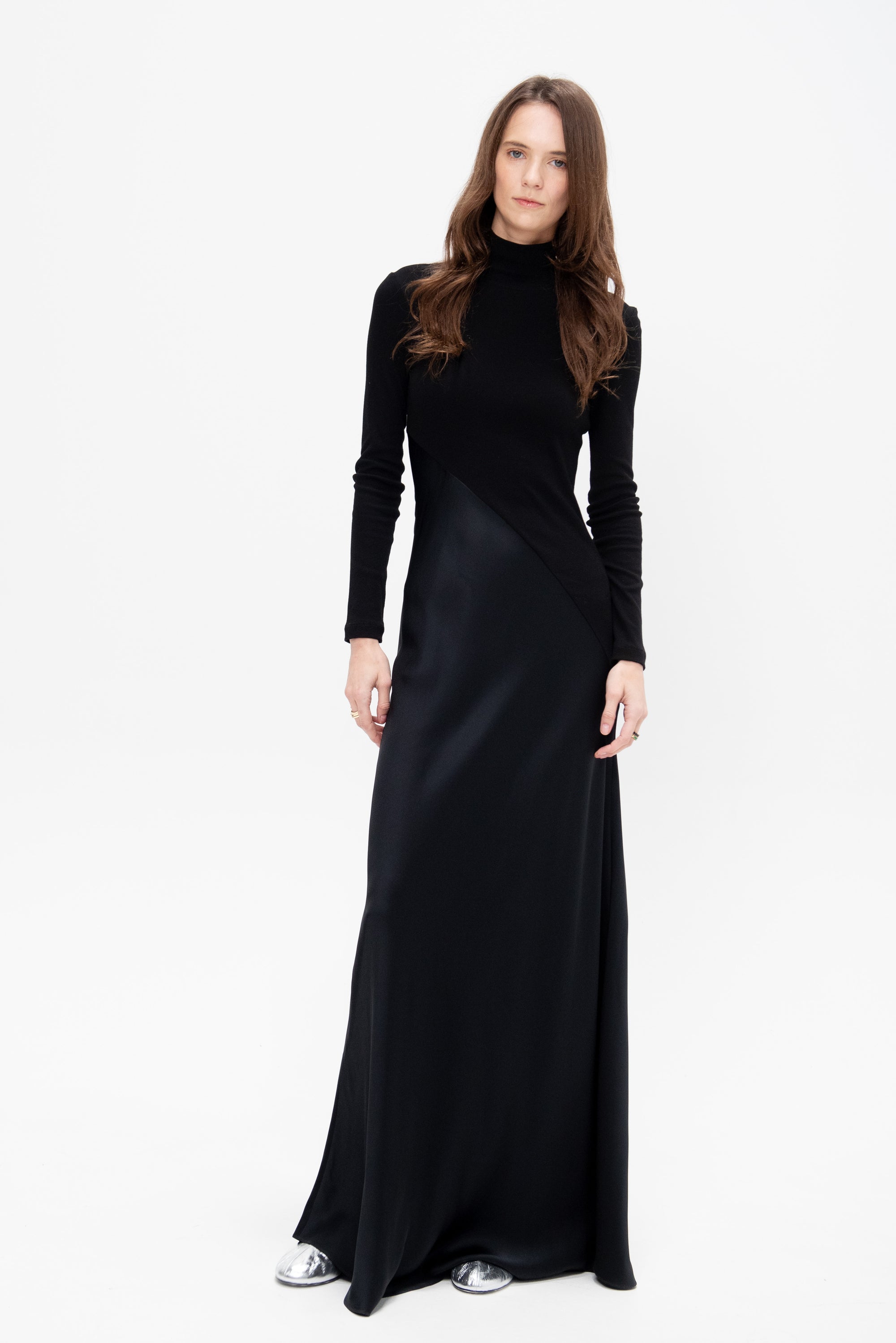 Bias Turtleneck Combo Maxi Dress, Black
