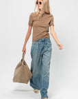 Cropped Sleeve T Shirt, Tan & Brown