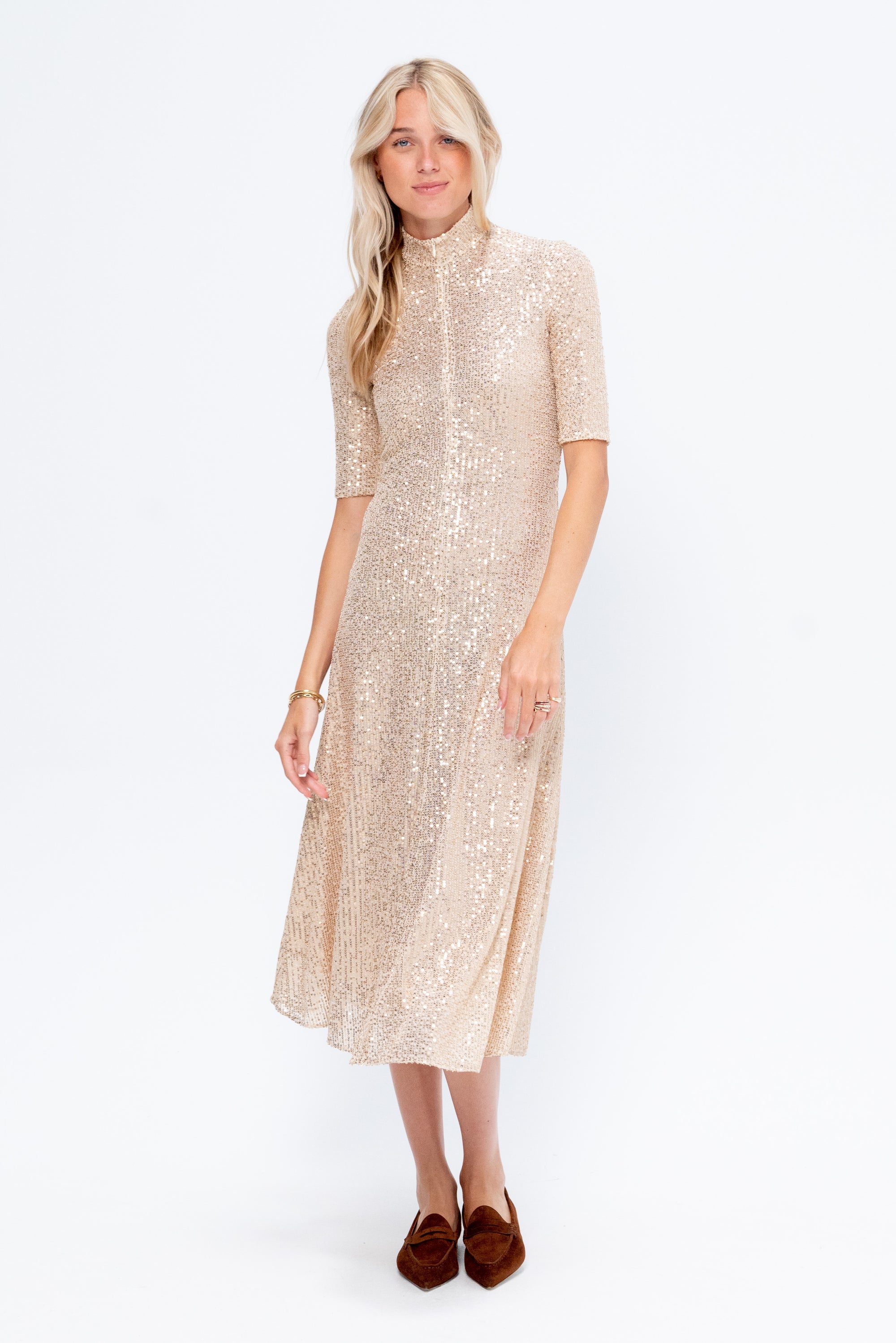 Zip Up Midi Turtleneck Dress, Wheat