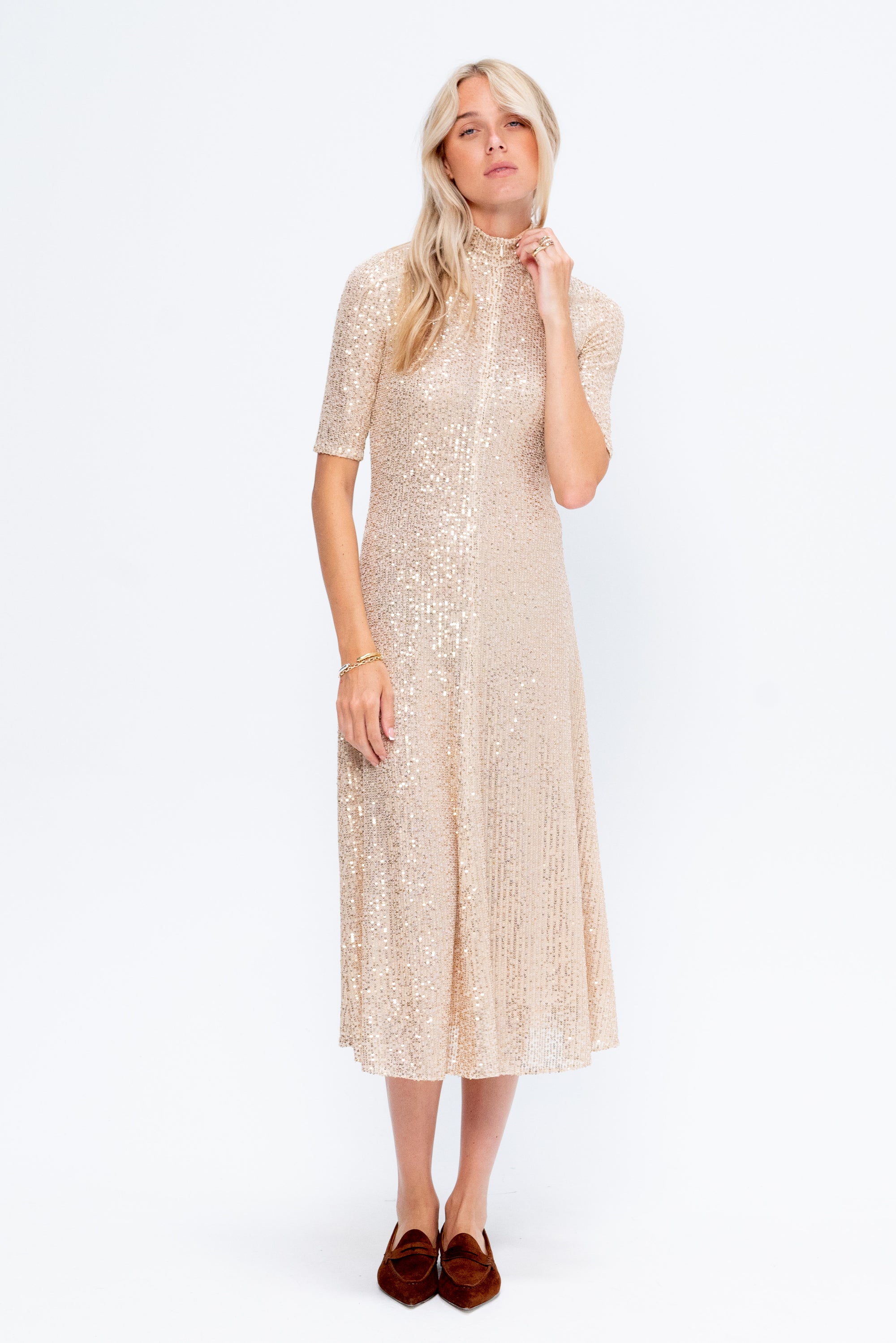 Zip Up Midi Turtleneck Dress, Wheat