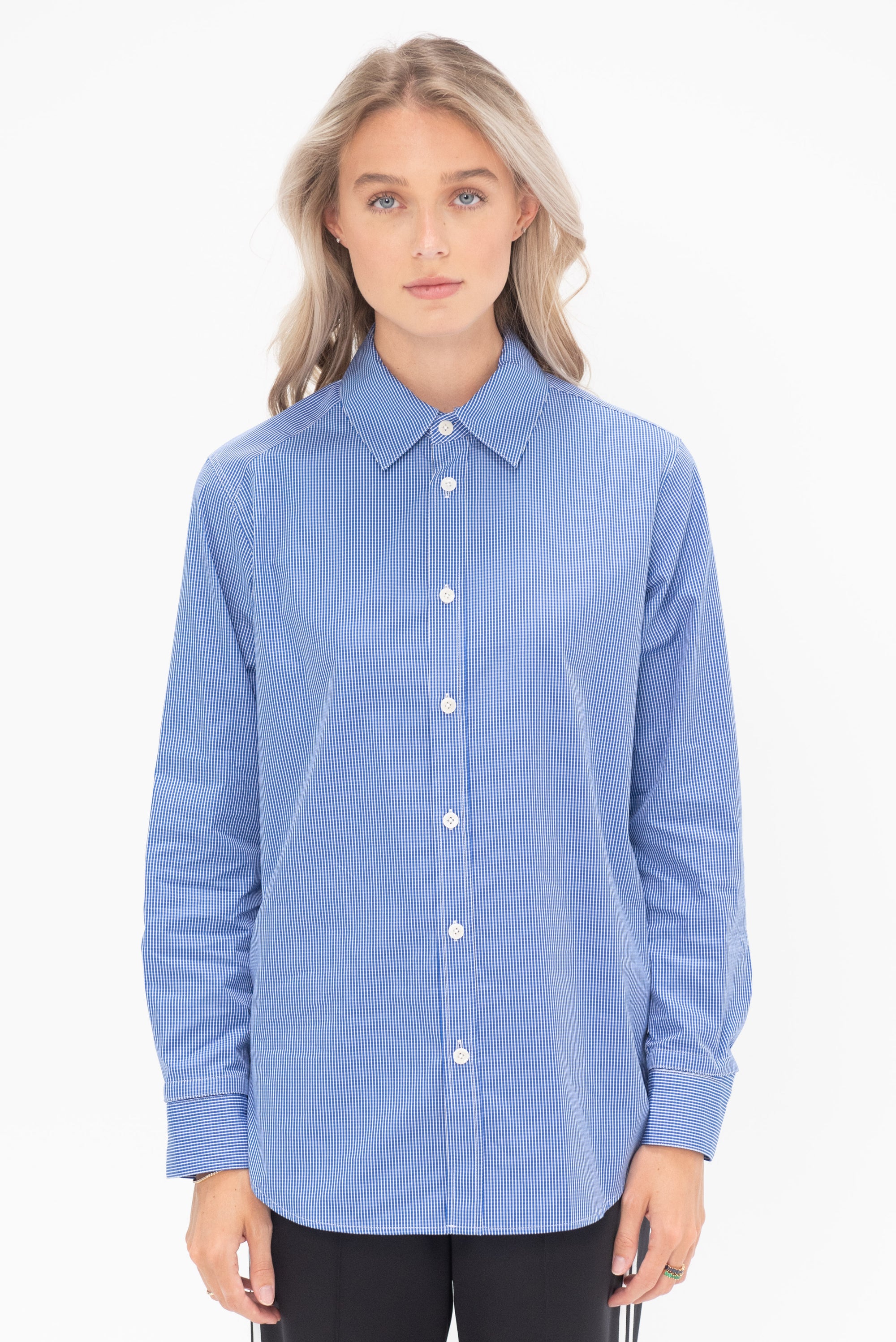 TIBI - Mini Check Shirting Detached Slim Shirt, Blue Multi
