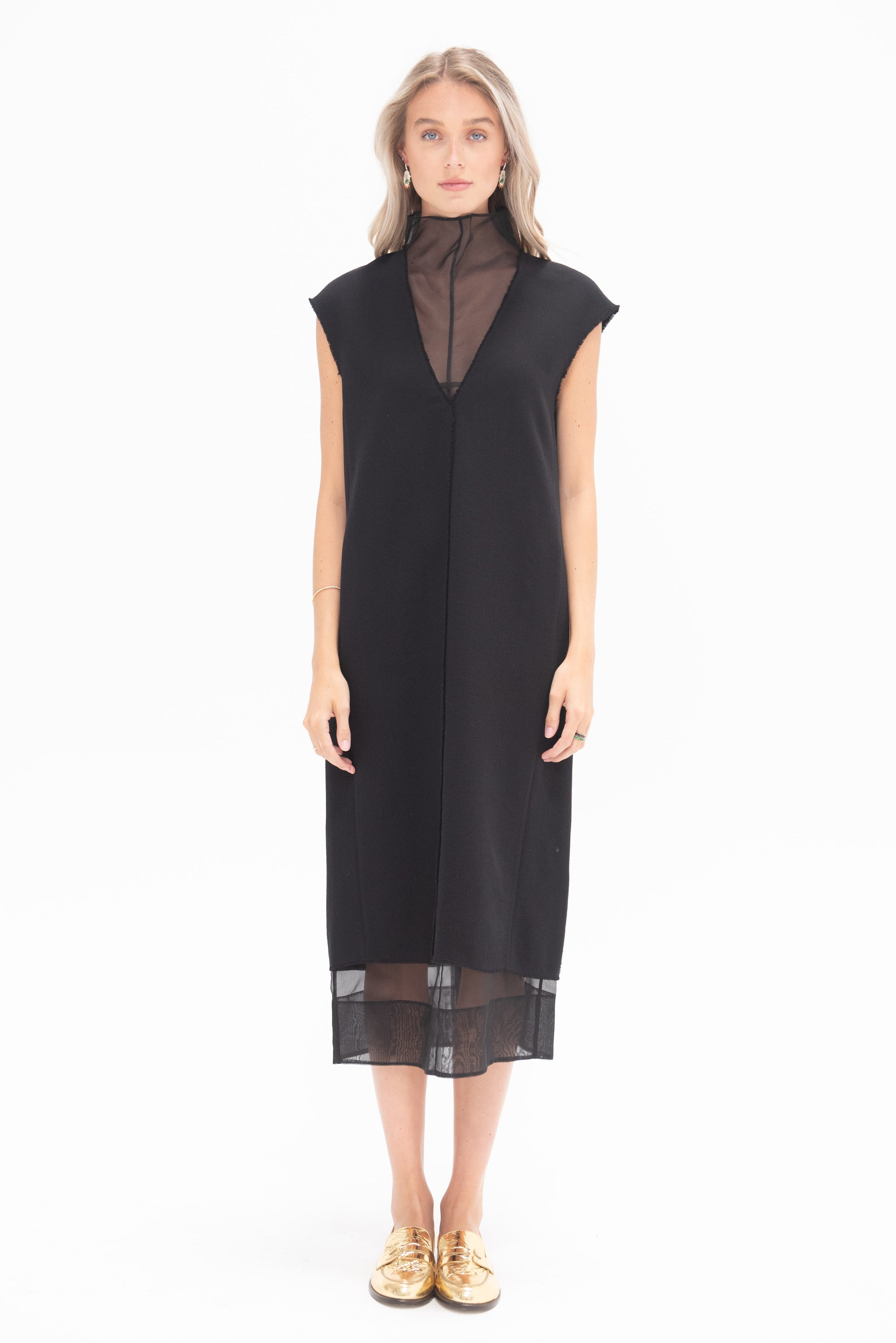 TIBI - Melee Crepe V-Neck Dress With Organza Lining, Black