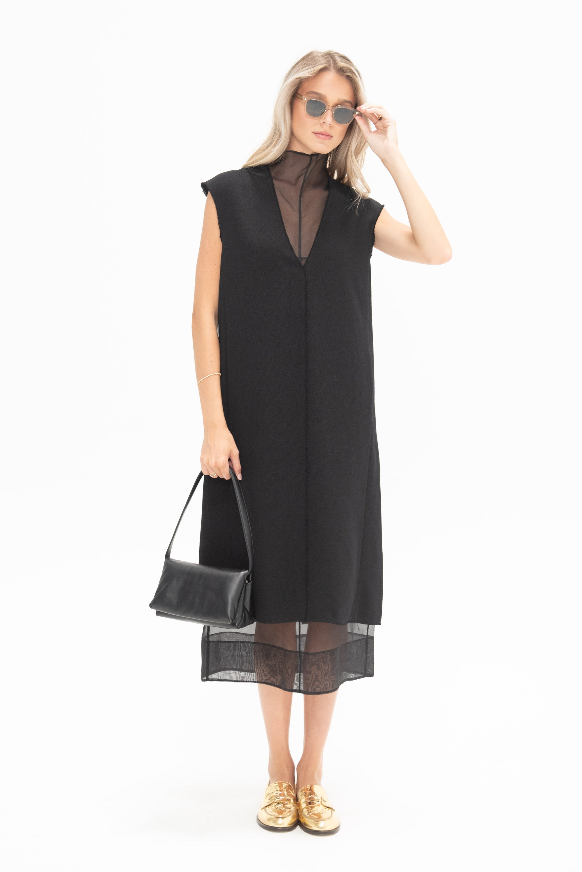 TIBI - Melee Crepe V-Neck Dress With Organza Lining, Black