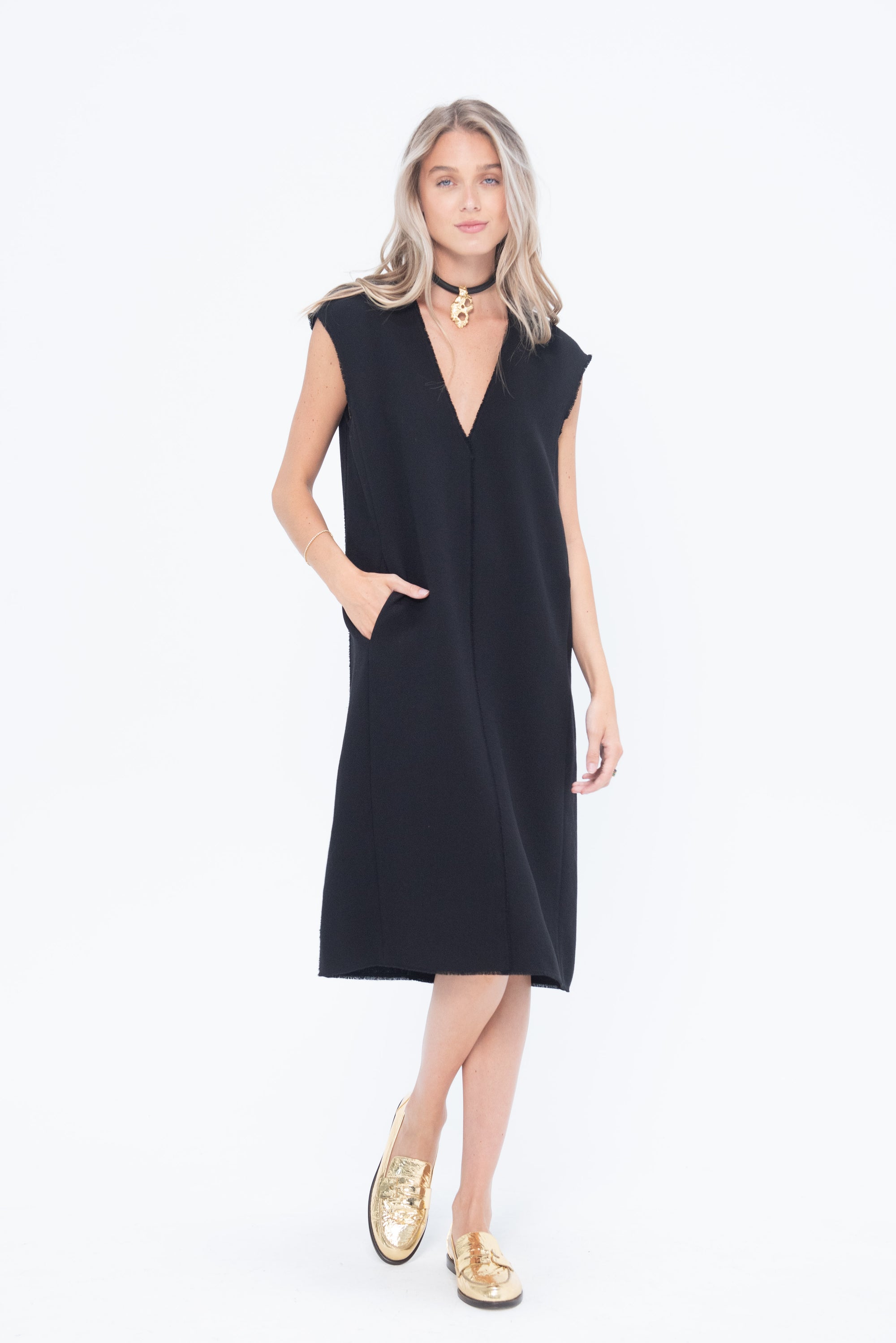 TIBI - Melee Crepe V-Neck Dress With Organza Lining, Black