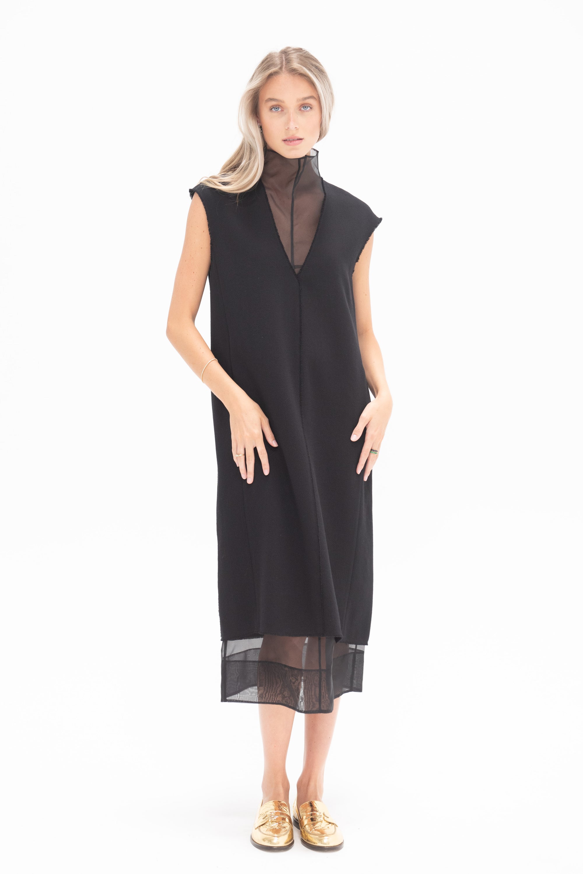 TIBI - Melee Crepe V-Neck Dress With Organza Lining, Black