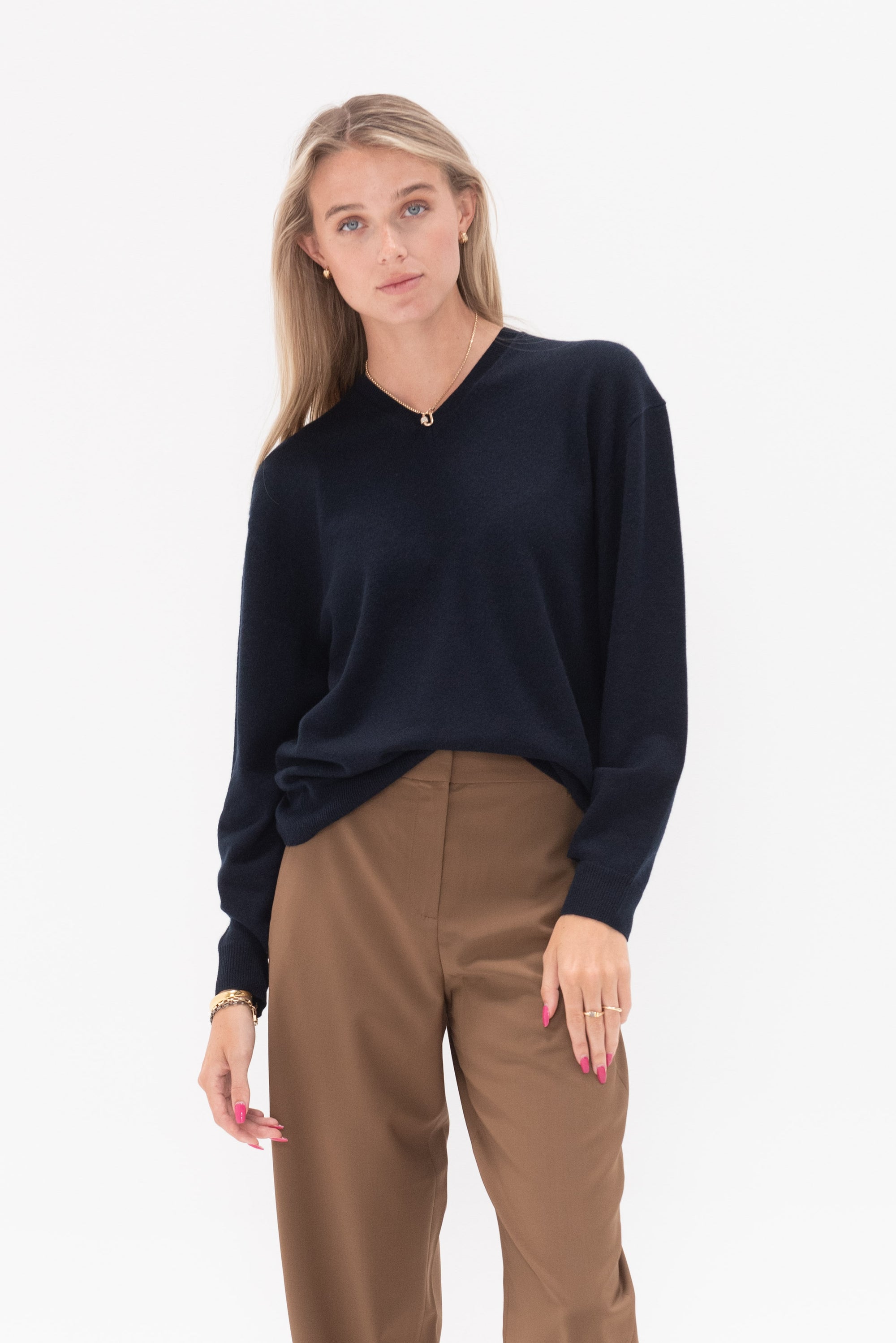 TIBI - Washable Cashmere Easy V-Neck Sweater, Navy