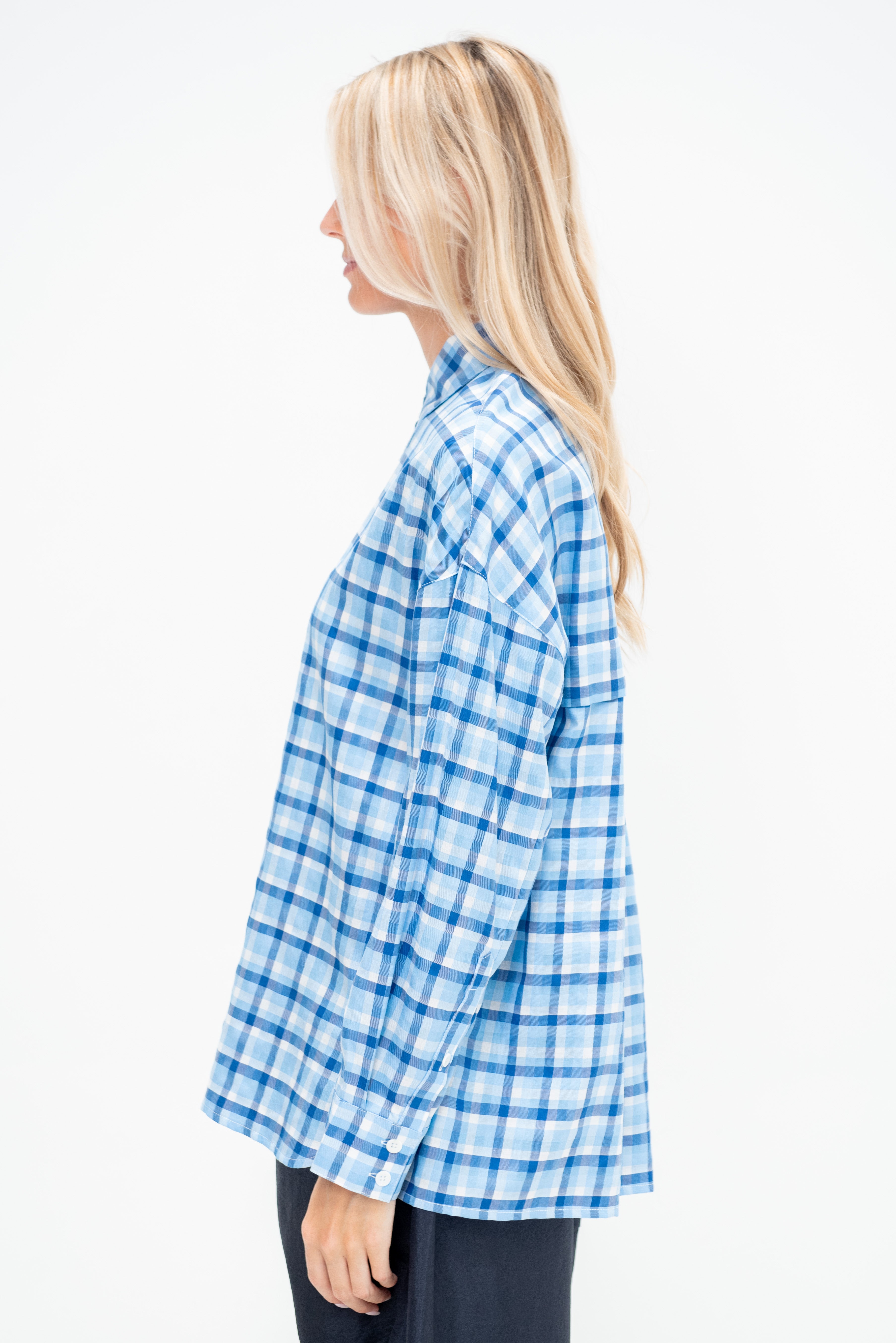 トップス APPLEBUM Gingham Check Oversize shirt Tibi Otis Check Oversized Shirt, Blue Multi – Kick Pleat