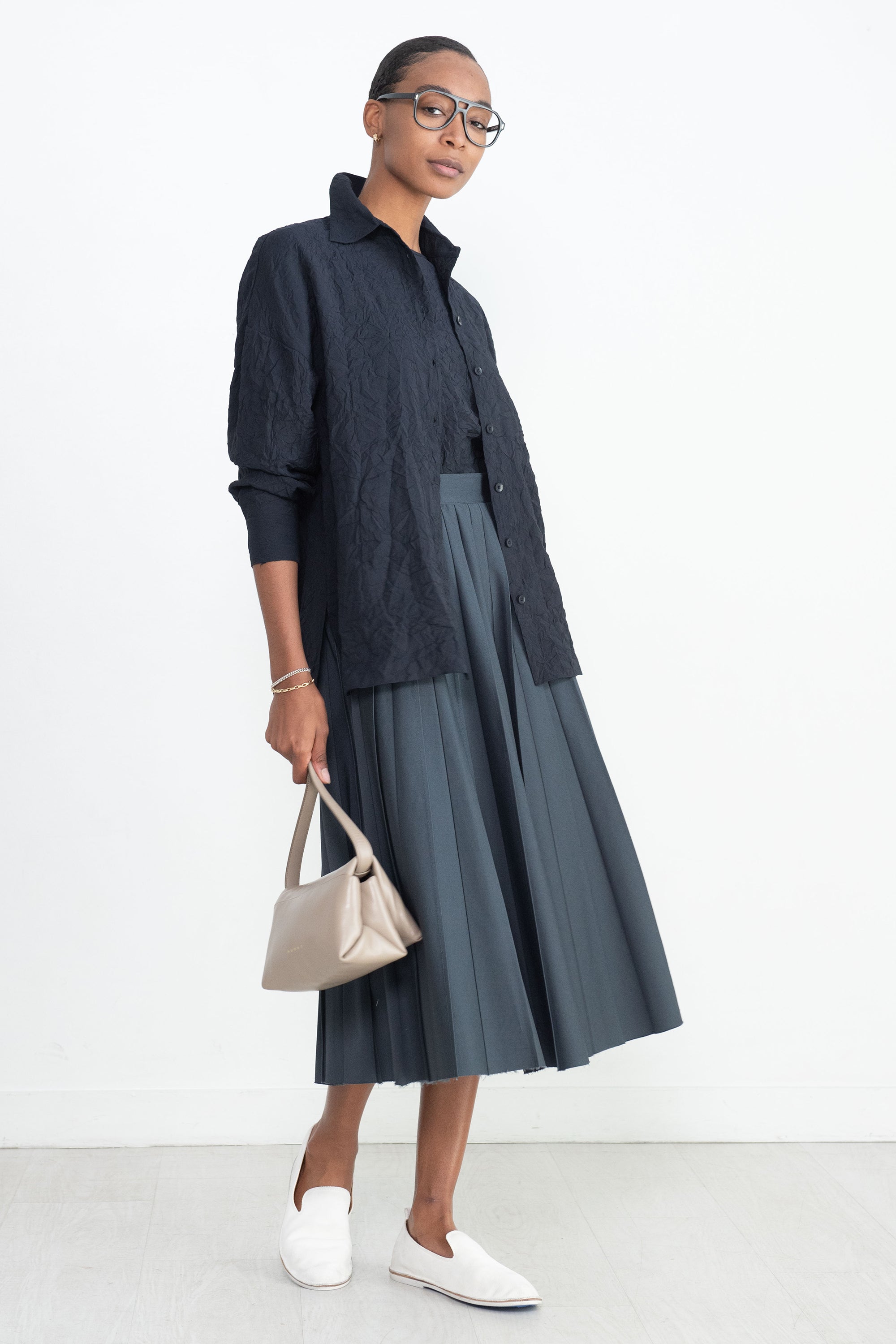TIBI - Oliver Cotton Stretch Tricotine Pintucked Skirt, Slate Blue